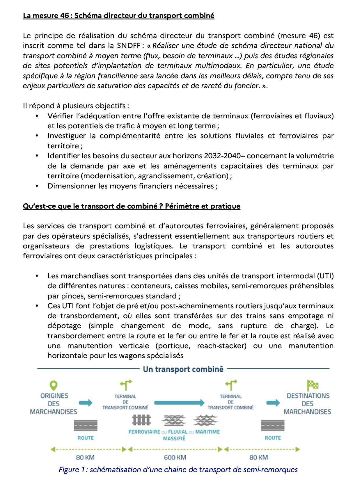 Schéma illustrant une chaîne de transport de semi-remorques, comprenant une étape de départ, un transfert ferroviaire ou fluvial, et une étape d'arrivée, avec des flèches montrant la circulation sur 80 km, 600 km et 80 km respectivement.