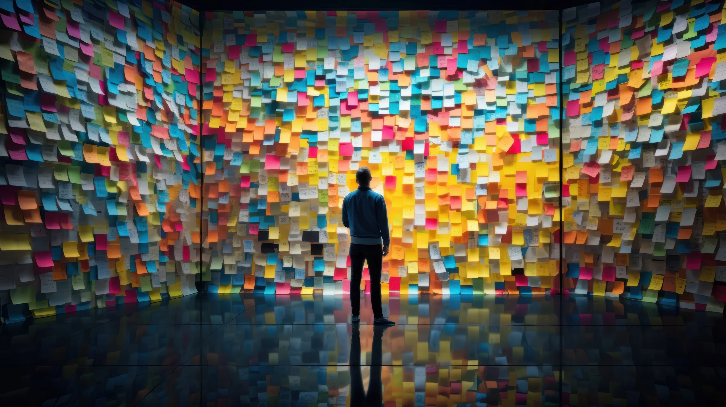 Man standing in front of a wall full of coloured post it notes