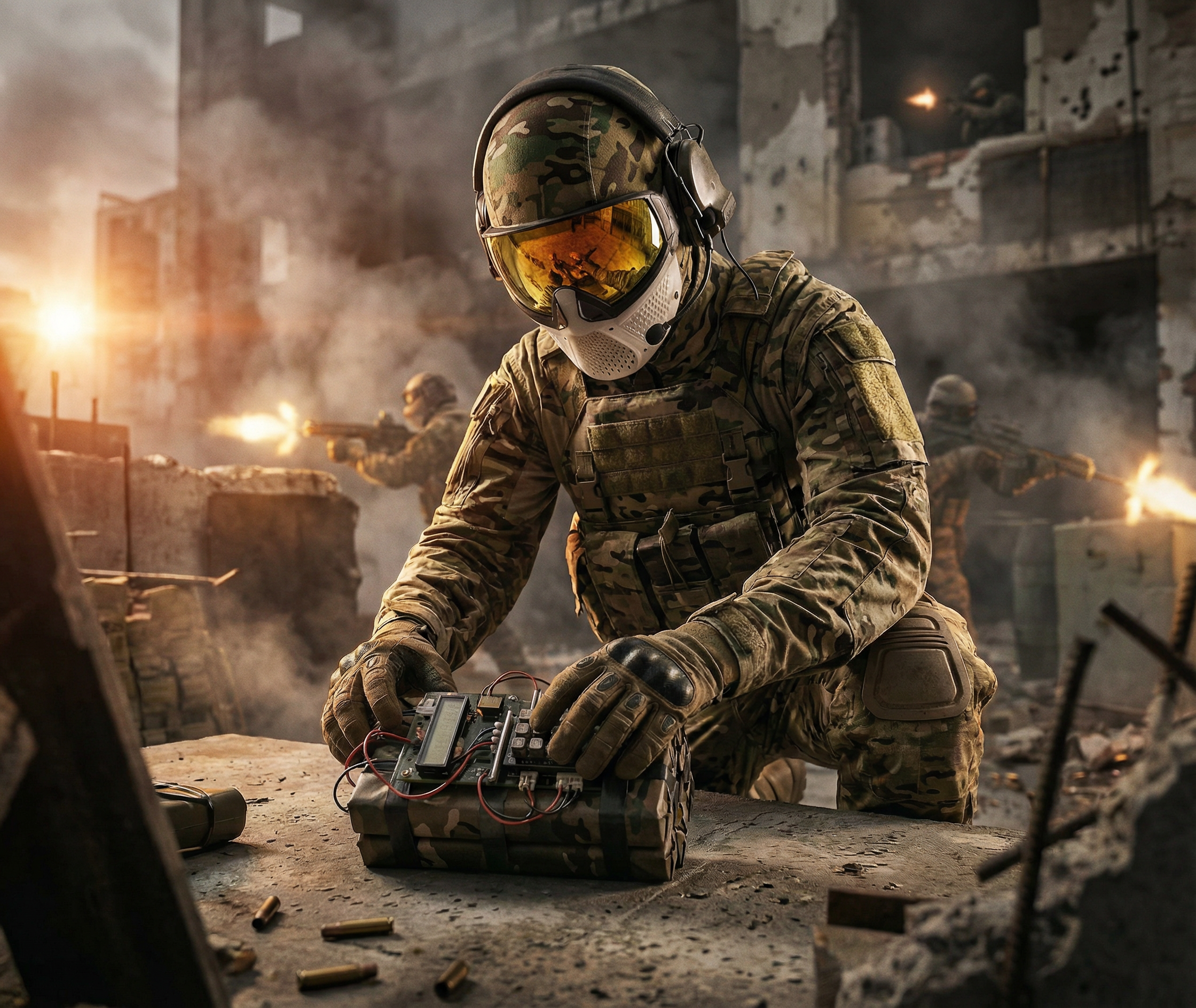 Soldier in camouflage uniform with helmet and goggles working with electronic equipment amid a war-torn environment with other soldiers firing guns in the background.