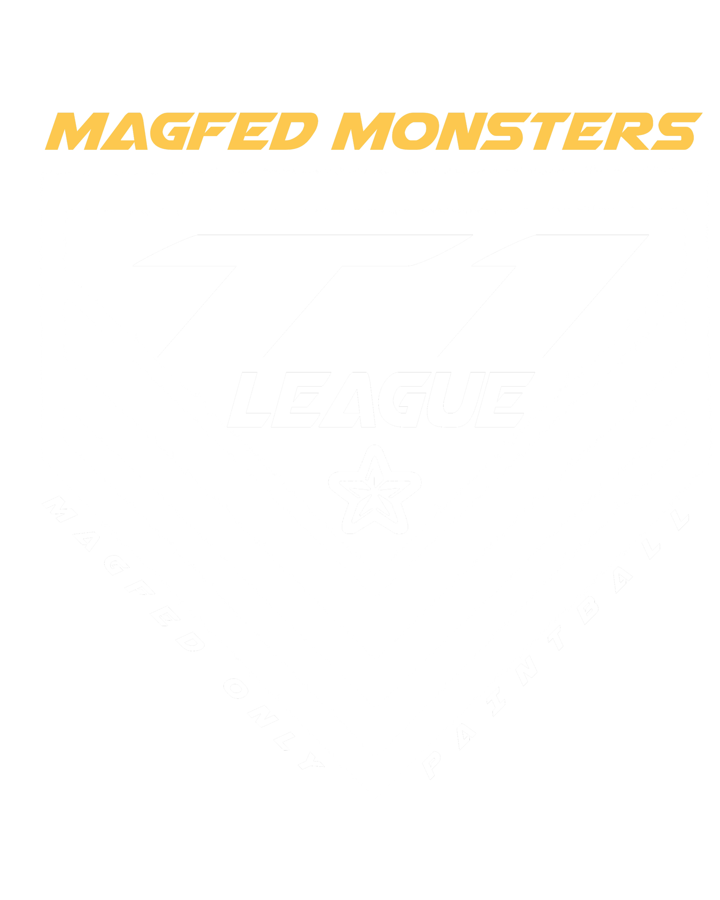 Black and white logo of the TTT League with a shield shape, text 'Magfed Monsters' in yellow at the top, and phrases 'Magfed Only' and 'Paintball' at the bottom.