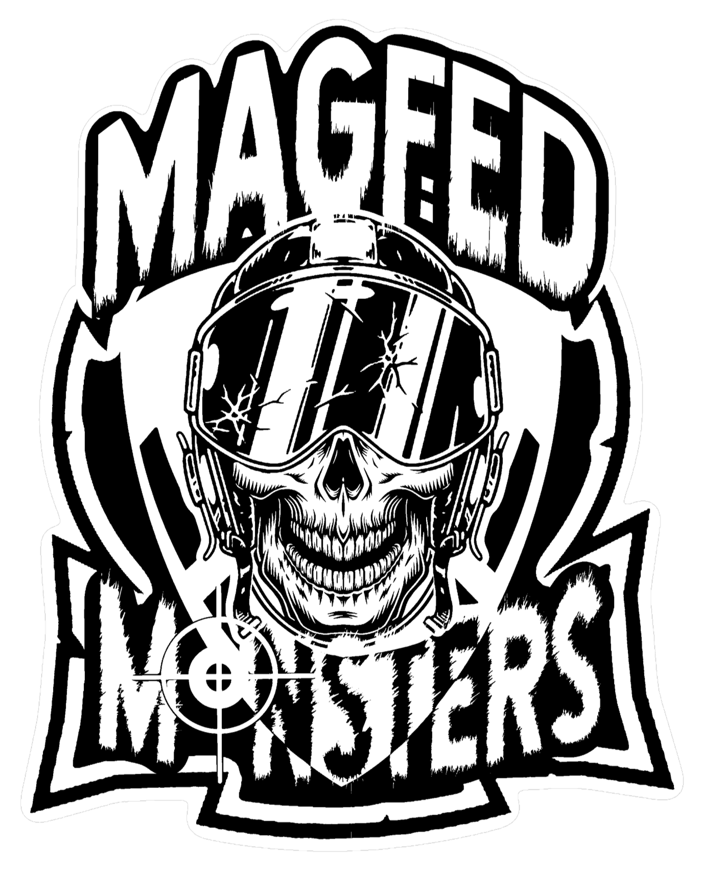 A black and white graphic depicting a human skull wearing a motorcycle helmet and goggles, with the words 'MAGED MONSTERS' surrounding it.