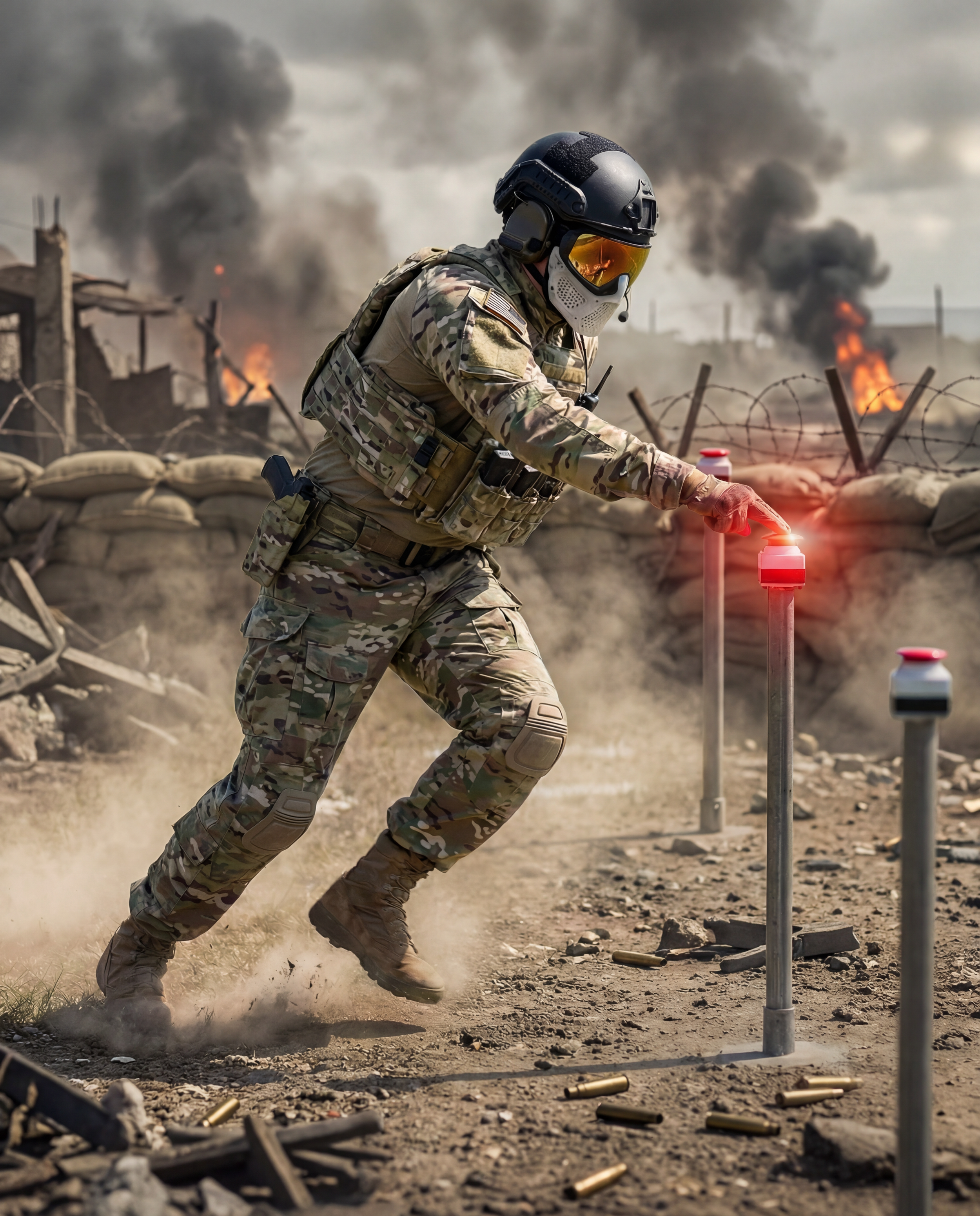 A soldier in camouflage uniform wearing protective gear and sunglasses, working in a war zone with smoke and fires in the background, placing or adjusting a marker on the ground.