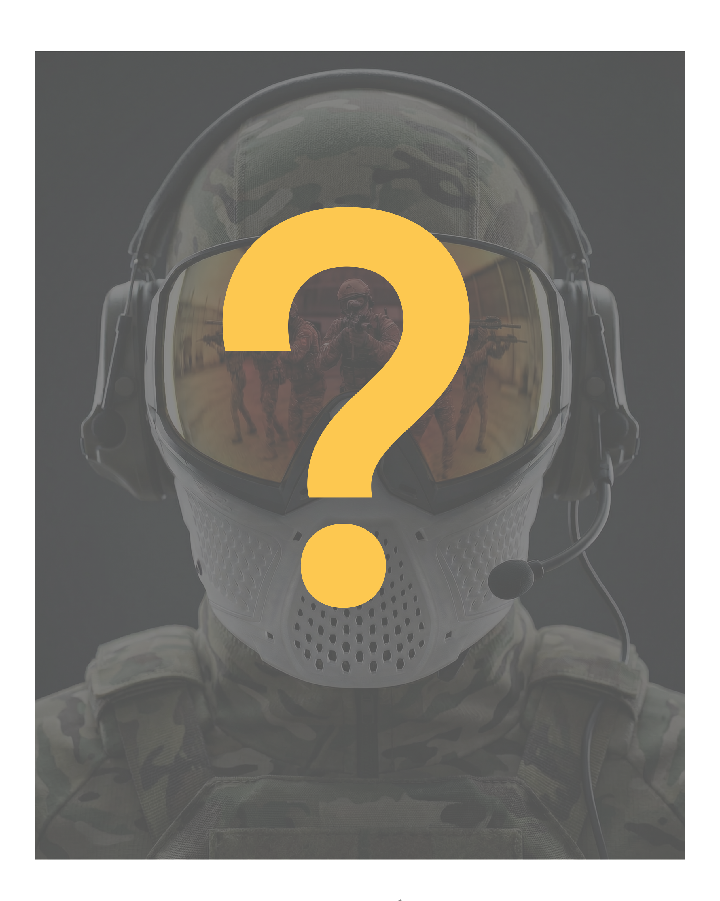A soldier wearing tactical gear and a helmet with a reflective visor, with a reflection of other armed soldiers in the visor, overlaid with a large yellow question mark.