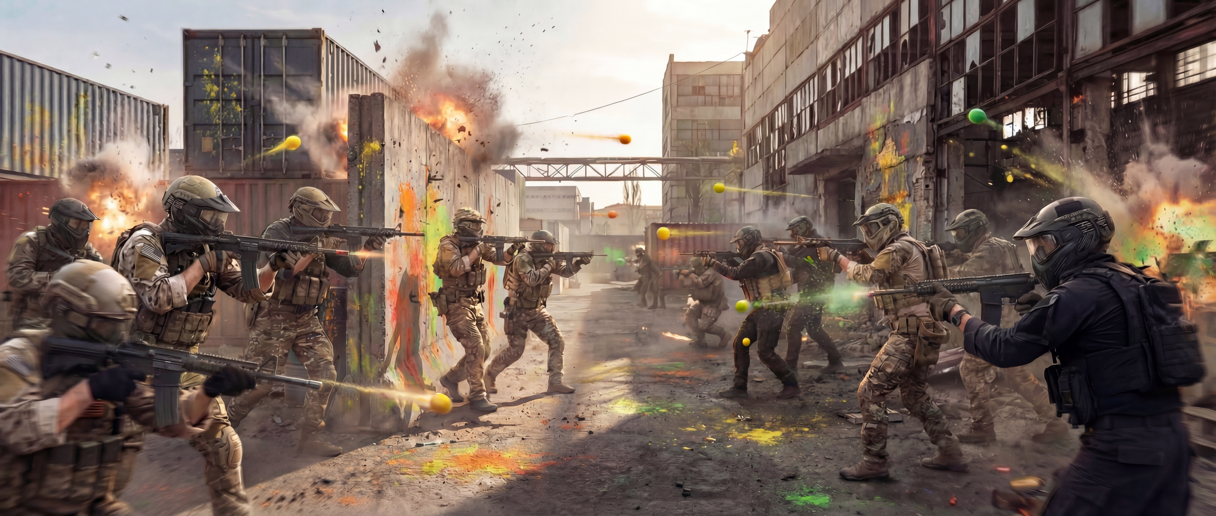 Military soldiers in tactical gear and helmets are engaged in a combat or training exercise in an urban area, with explosions and paint splashes.