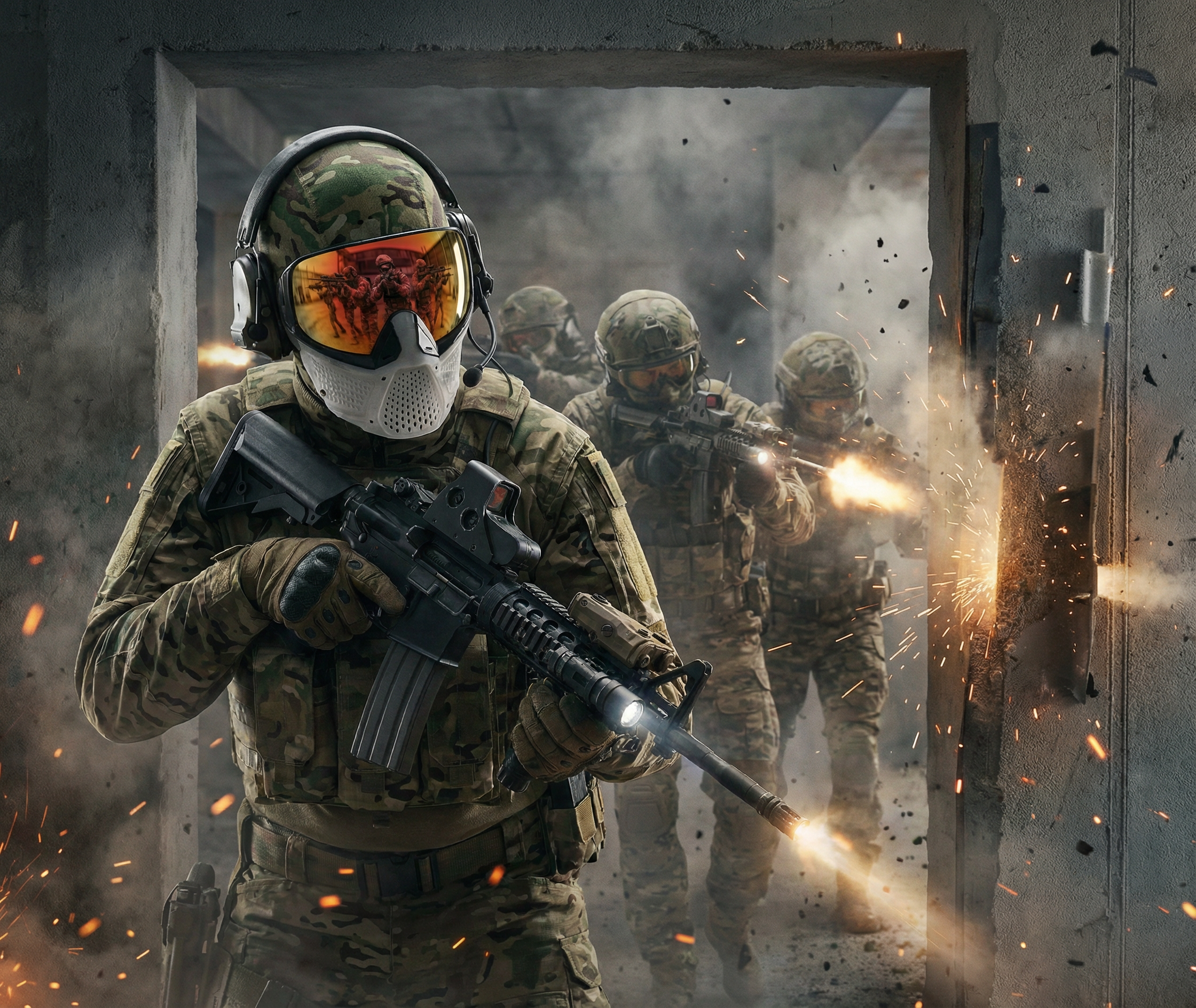 Military soldiers in camouflage combat gear, some firing weapons as they move through a building with smoke and sparks around.
