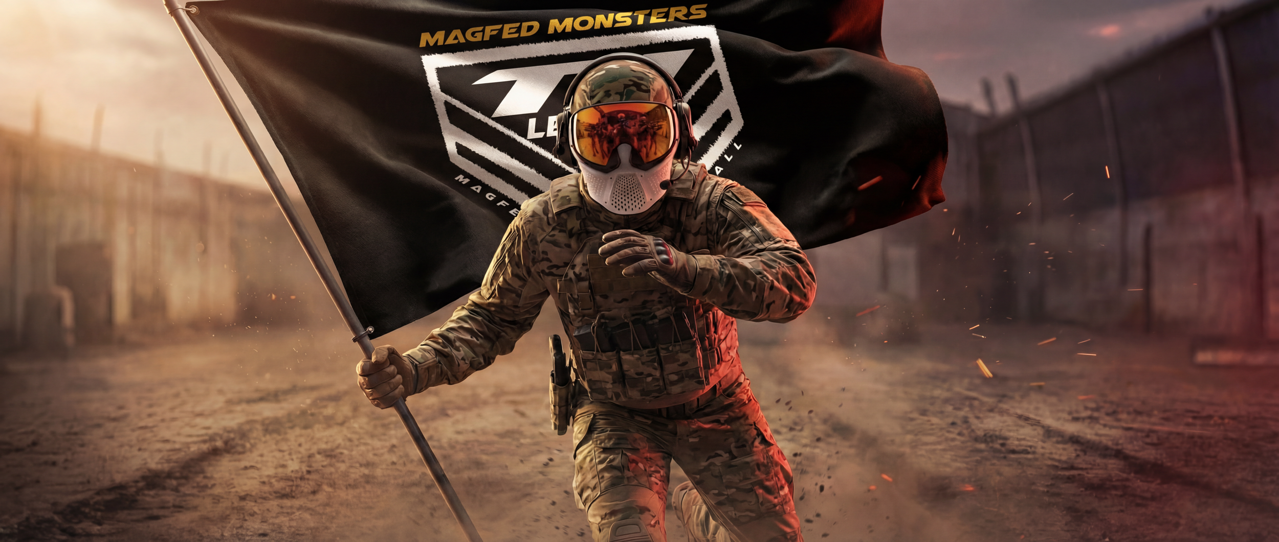A soldier in camouflage uniform running with a black flag that has yellow and white text and logo, amid a dusty, smoky outdoor environment with a sunset sky.