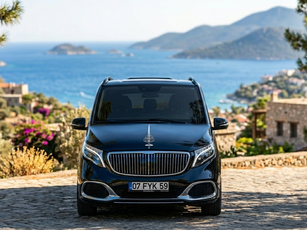 A black luxury van parked on a cobblestone road with a scenic coastal view of the ocean, islands, and hilly terrain in the background, possibly in a Mediterranean setting.