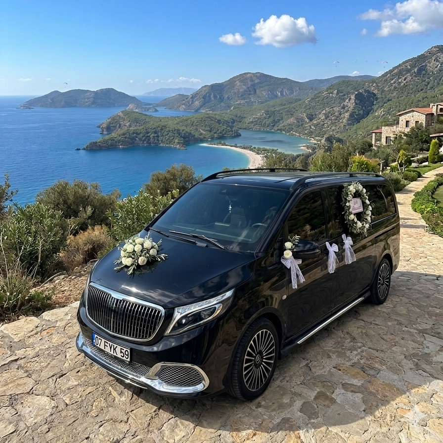 A black hearse decorated with white flowers and ribbons, parked on a cobblestone driveway overlooking a scenic coastal landscape with mountains, a bay, and a beach.