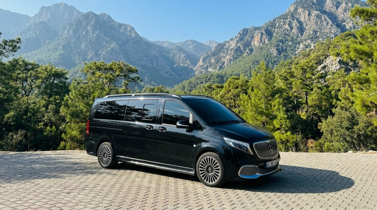 Black Mercedes-Benz van parked on a paved area in front of a mountain landscape with trees and rocky peaks under a clear blue sky.