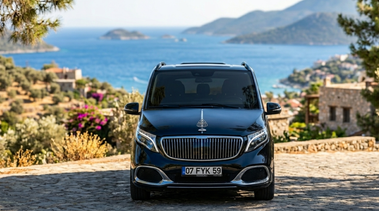 A black luxury car parked on a cobblestone road overlooking a scenic coastal landscape with water, islands, and hillside houses in the background.