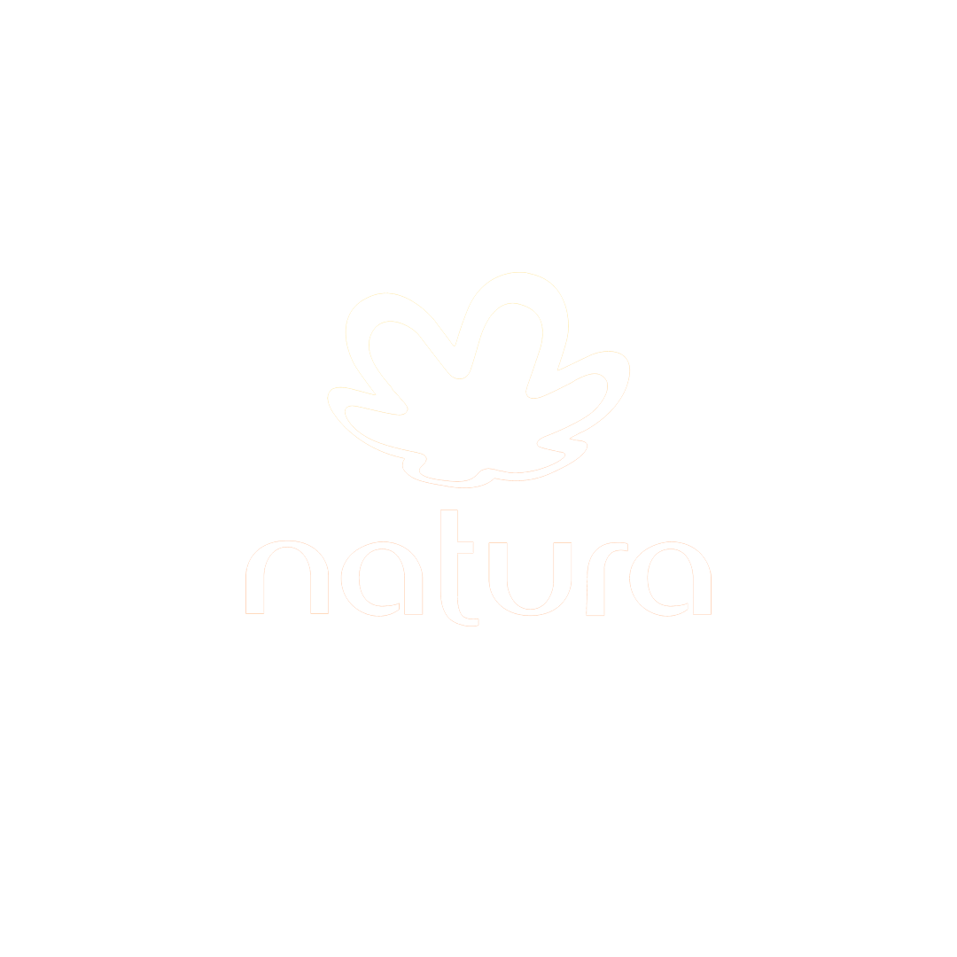 Natura logo with abstract leaf design and lowercase text.