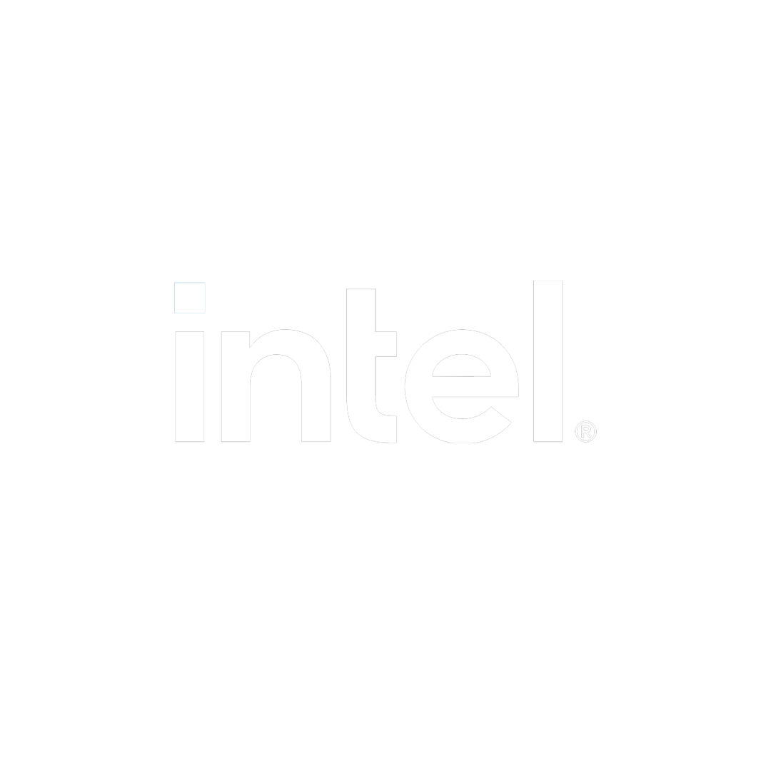 Intel logo in white and blue on a transparent background.