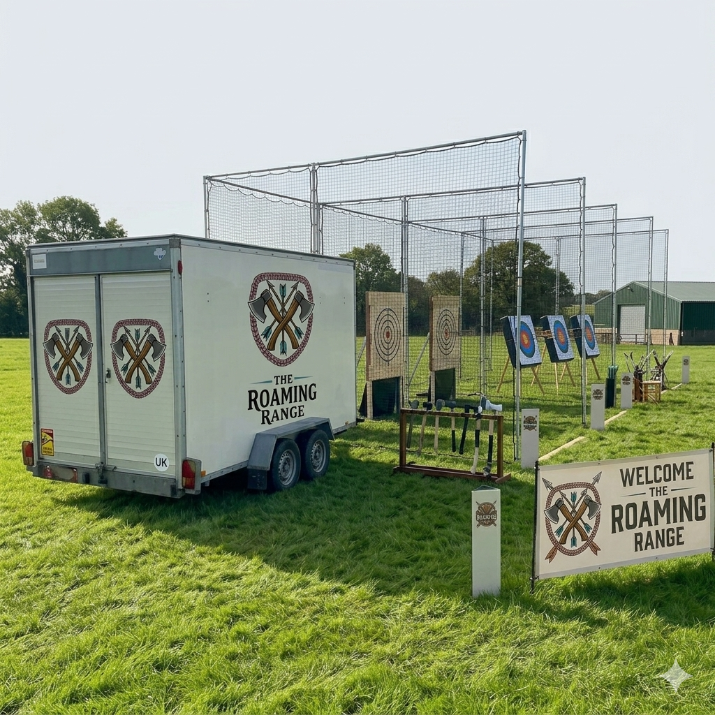 An outdoor archery range with targets set up on a grassy field, labeled as "The Roaming Range," with a white trailer featuring a logo of crossed axes and arrows, and a sign welcoming visitors.