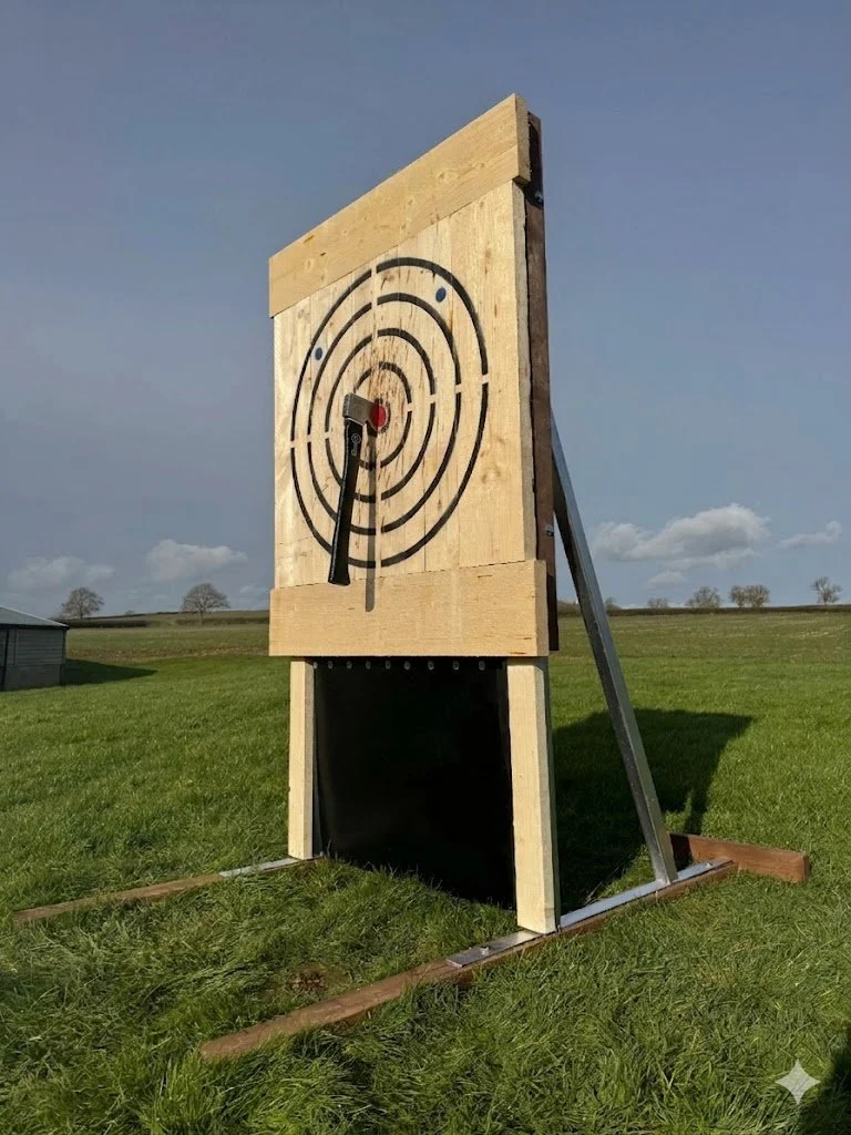 A wooden target with concentric circles and a black arrow in the bullseye, set up outdoors on a grassy field with a cloudy sky.
