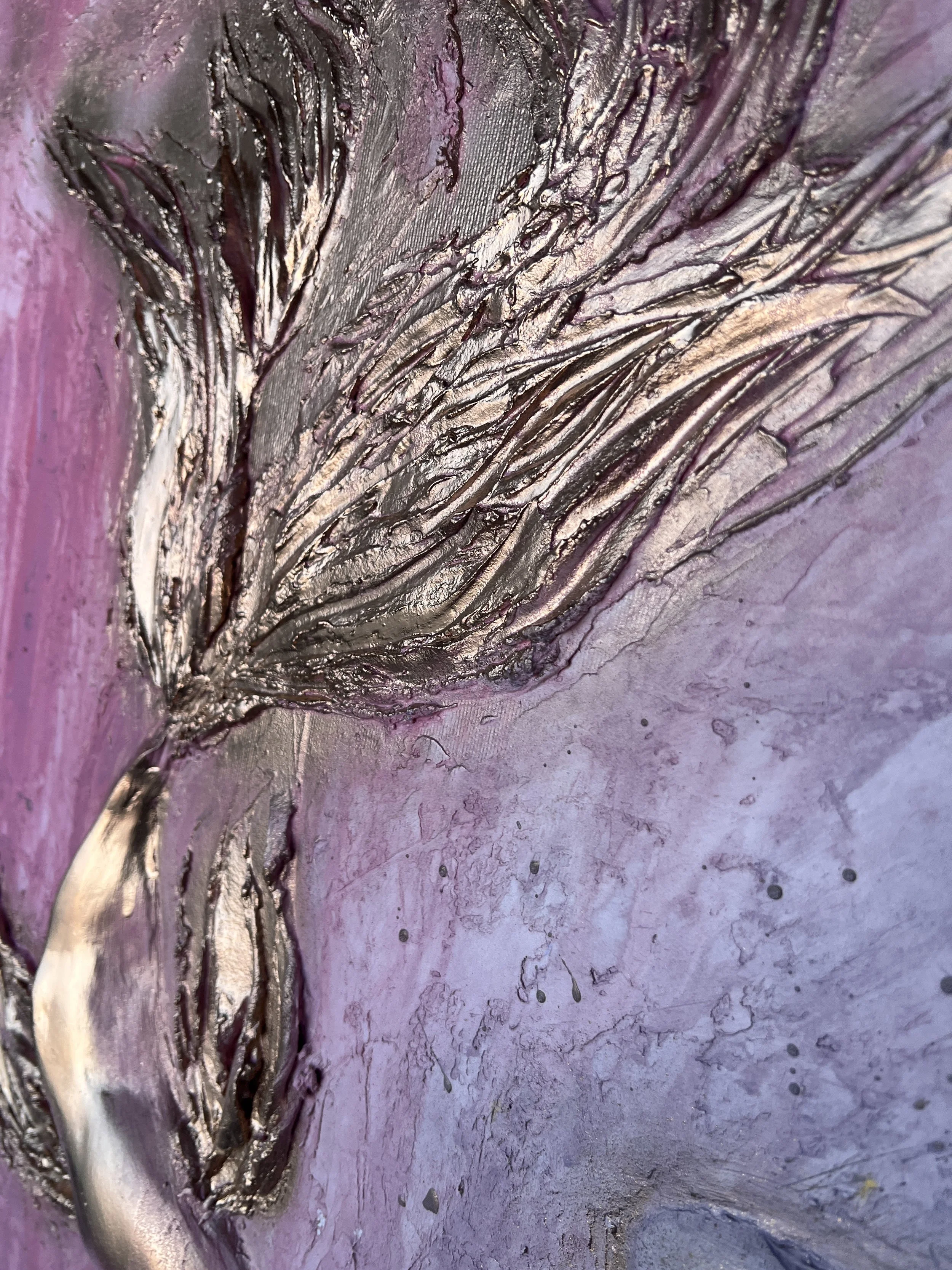 Close-up of textured abstract artwork with purple, silver, and pink hues, featuring thick, layered brushstrokes and metallic accents.