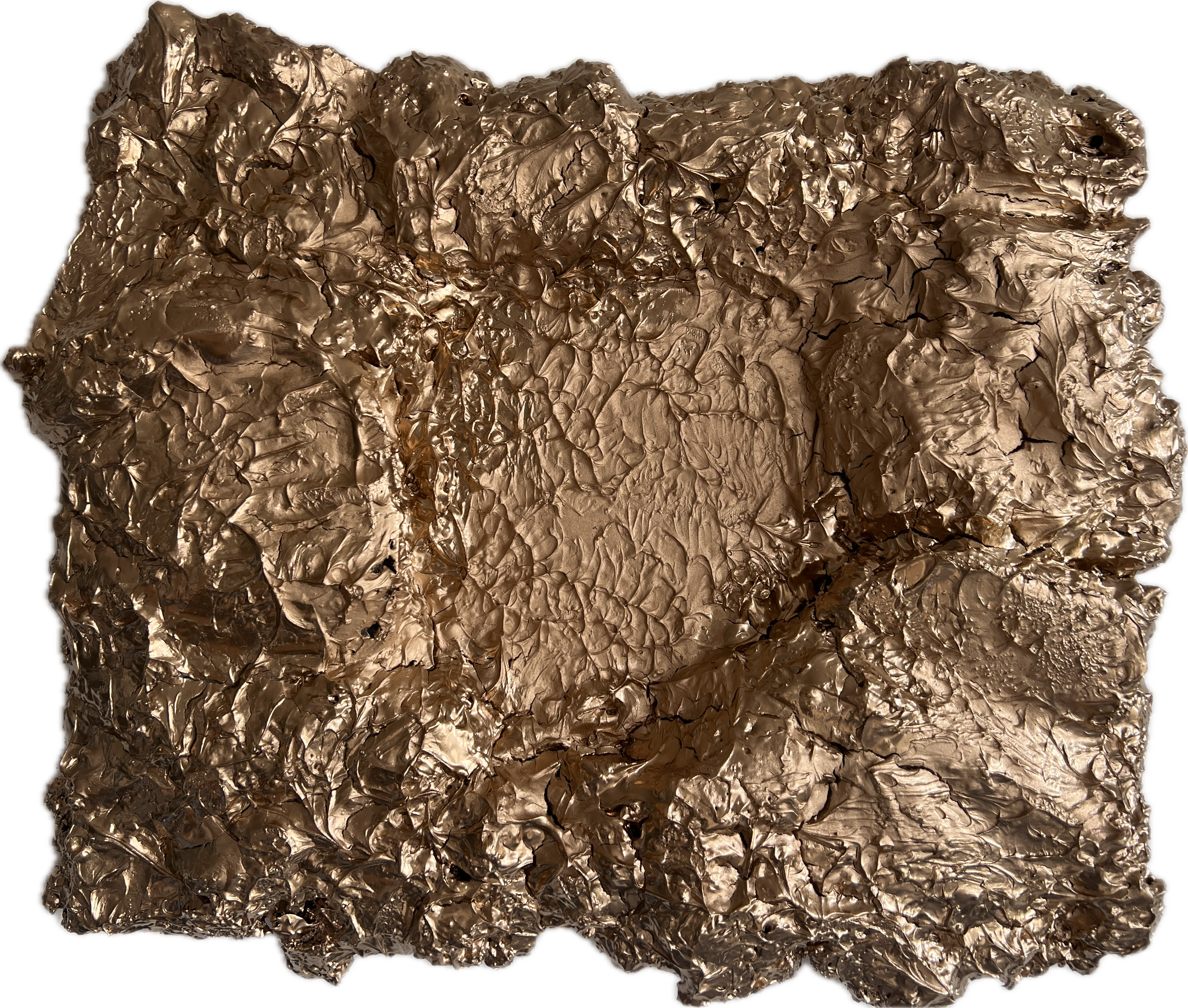 Detail pomačkaného kusu zlaté fólie s vyraženým tvarem srdce ve stylu fine art. Ideální pro milovníky moderního umění, texturovaných a abstraktních reliéfních děl. 3D malba Praha Fine art reliéfní malba Denisa Blaho