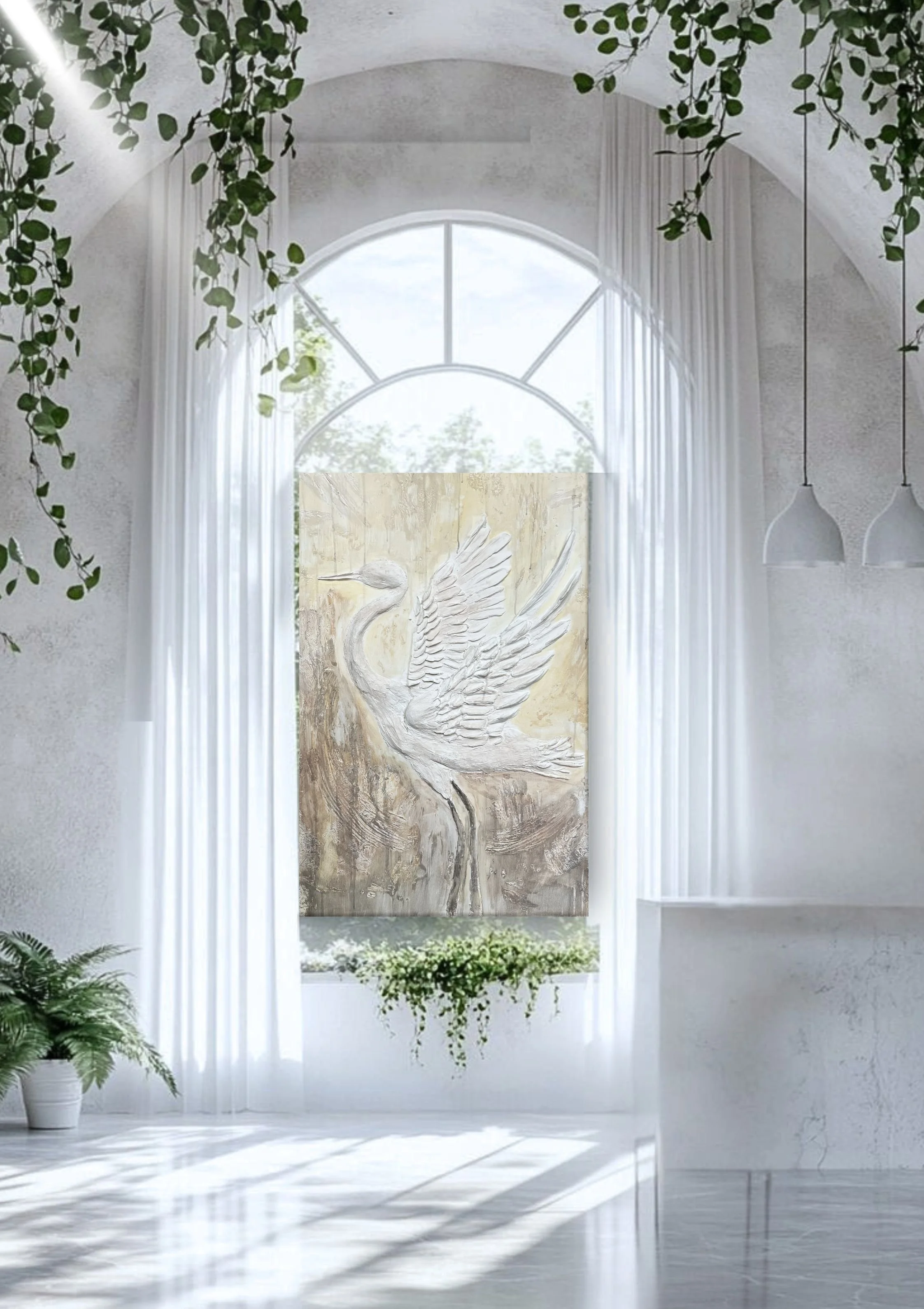 Bright, airy room with large arched window, white curtains, hanging plants, and a painting of a heron with spread wings on the wall.