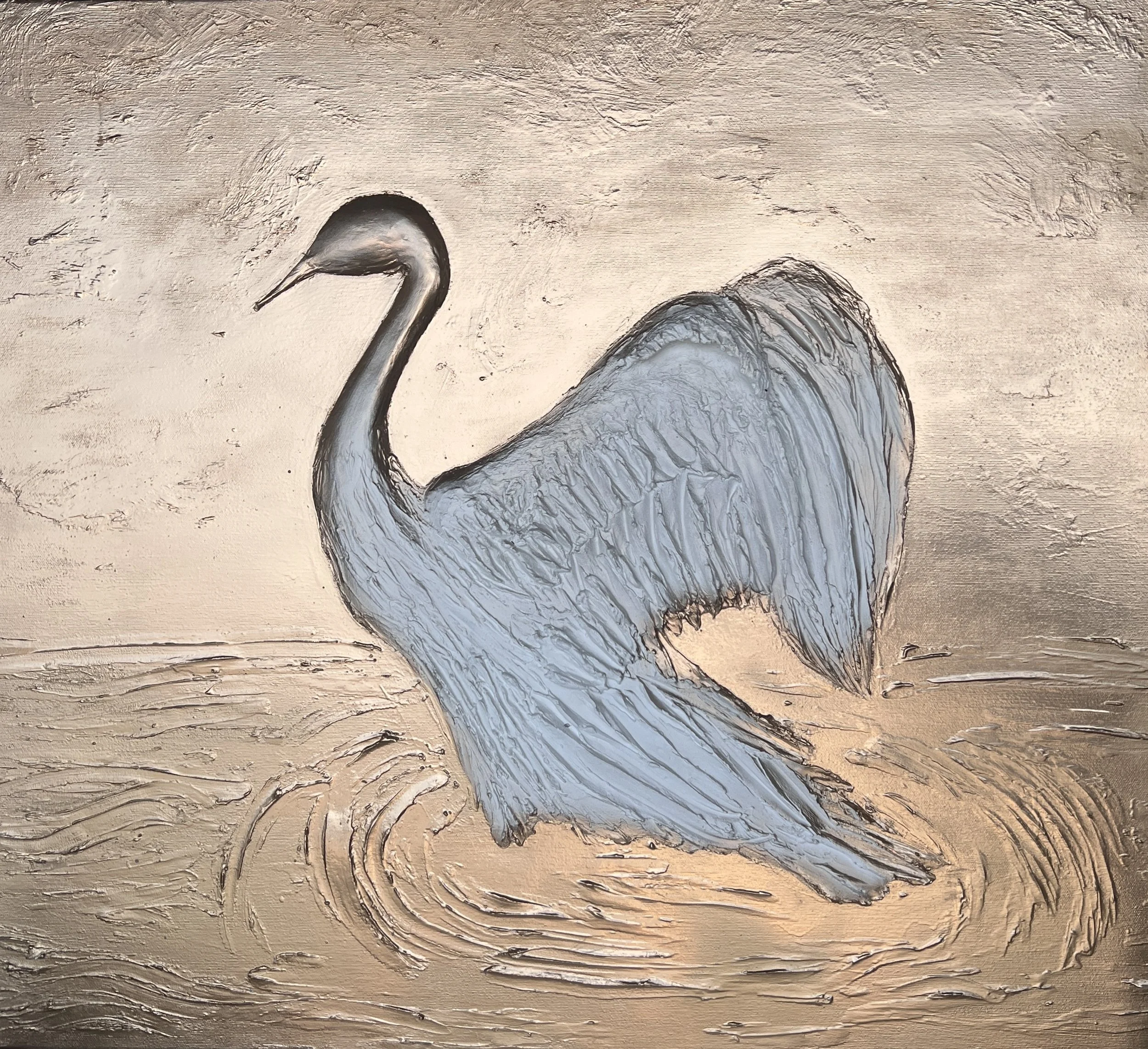 A painting of a graceful swan floating on water, with textured feathers and ripples in the water around it.