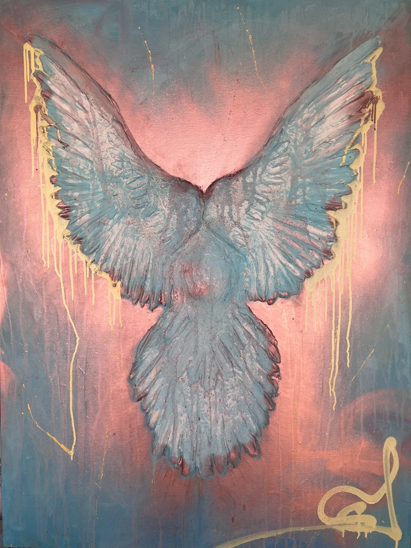 Painting of a butterfly with outstretched wings, primarily in shades of gray and white, on a pink, blue, and gray abstract background with gold dripping lines.