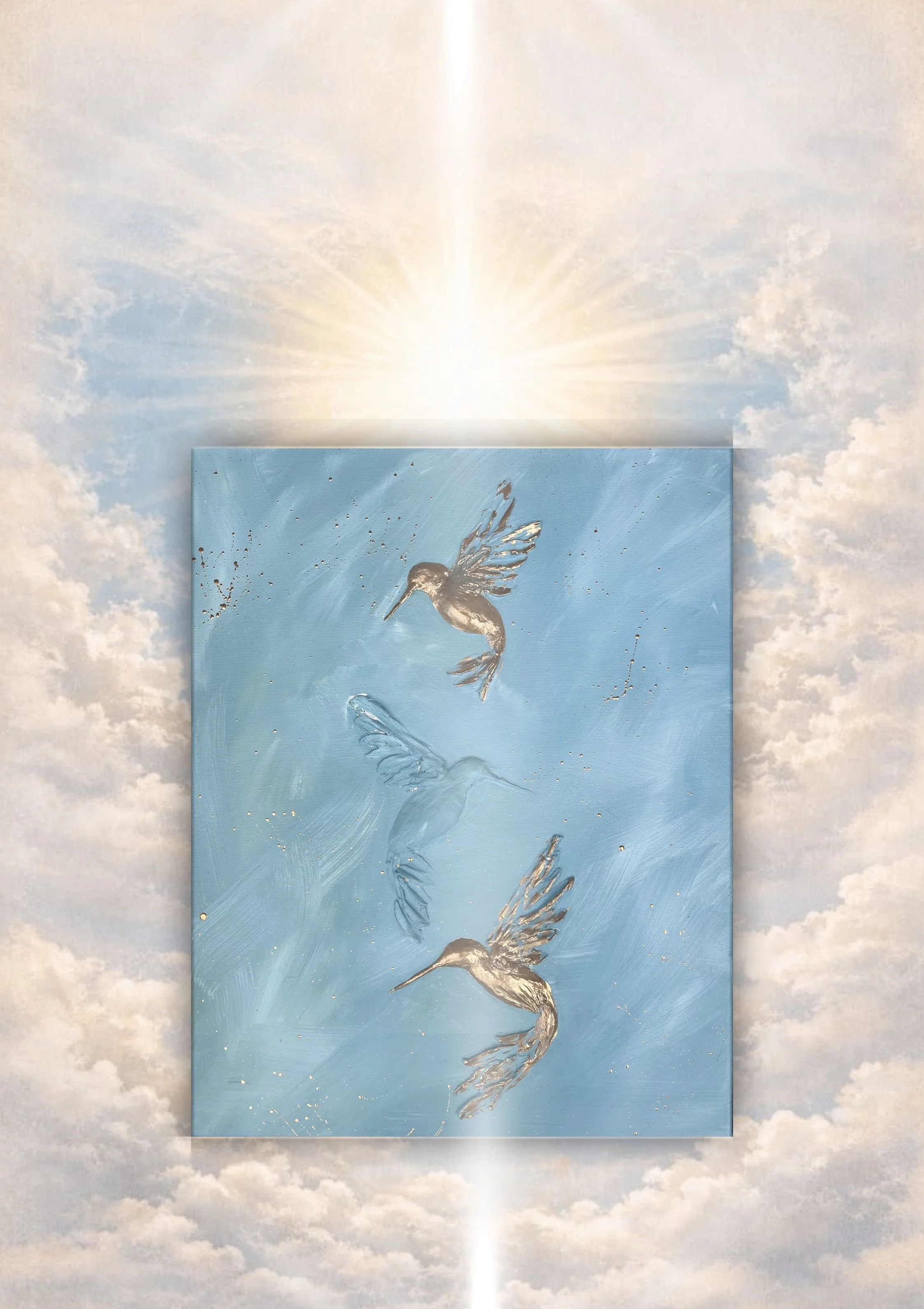 Painting of three hummingbirds flying against a blue background, surrounded by clouds and rays of sunlight.