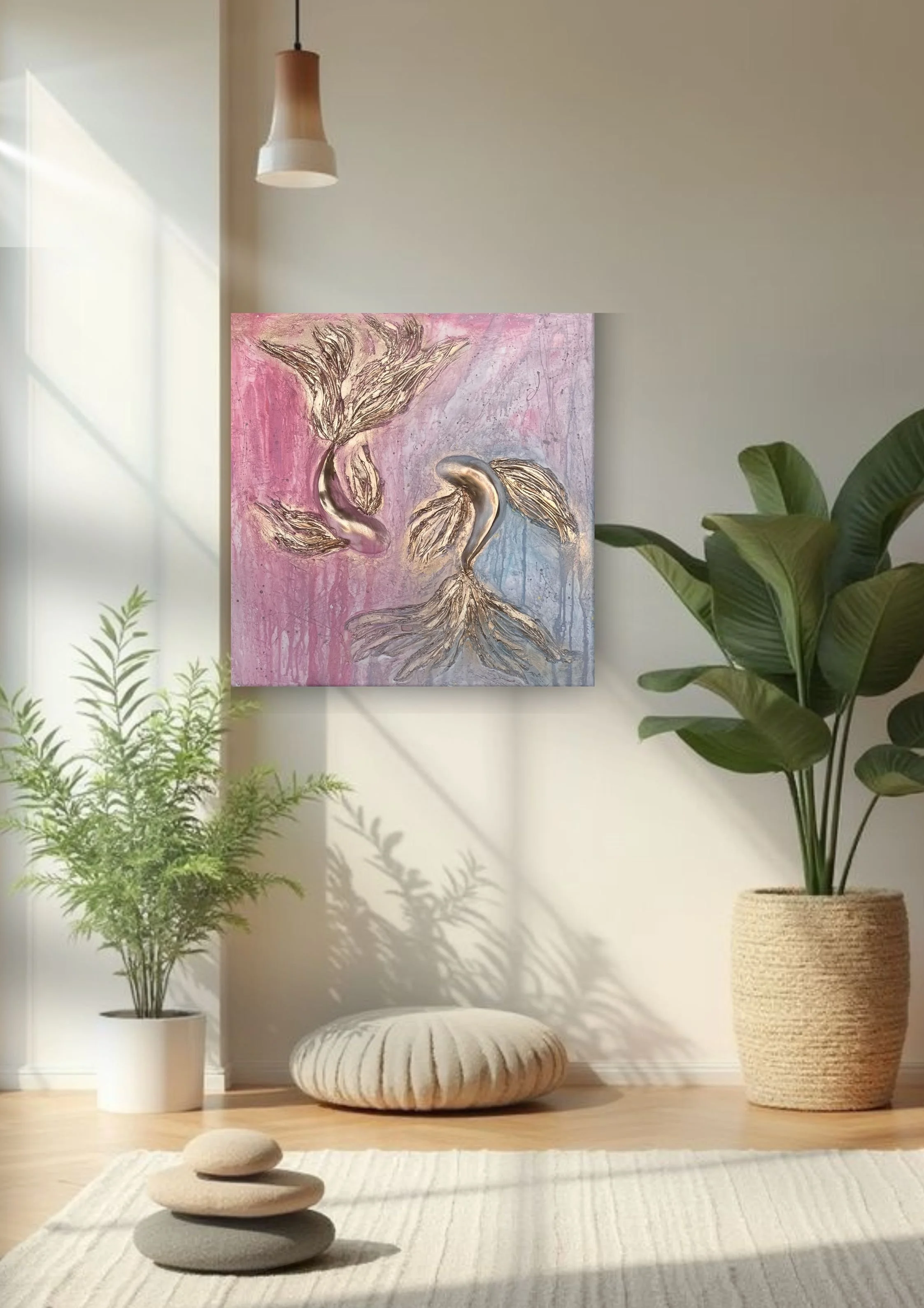 Minimalist living room with a painting of two swans on the wall, potted plants, a beige pouf, a stack of three stones, and a white rug, with sunlight streaming in.