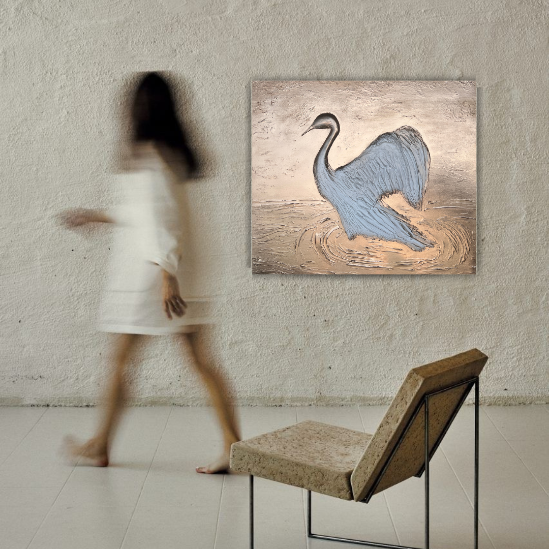 Blurred woman walking past a painting of a heron on a textured wall in an art gallery.