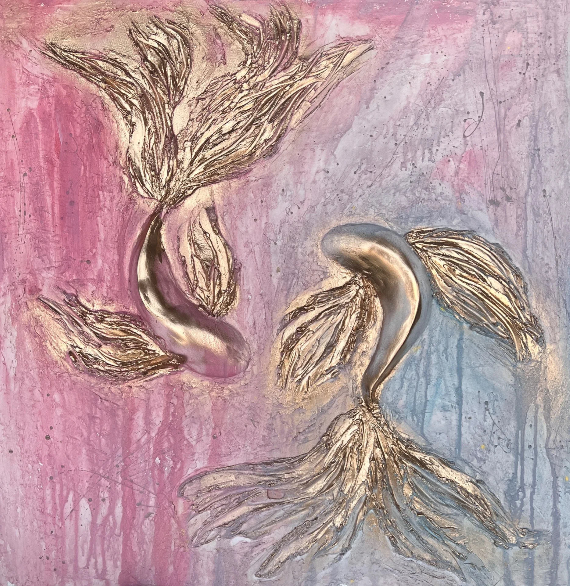 Two abstract swan figures with metallic accents and textured wings, set against a mixed pink and purple watercolor background.