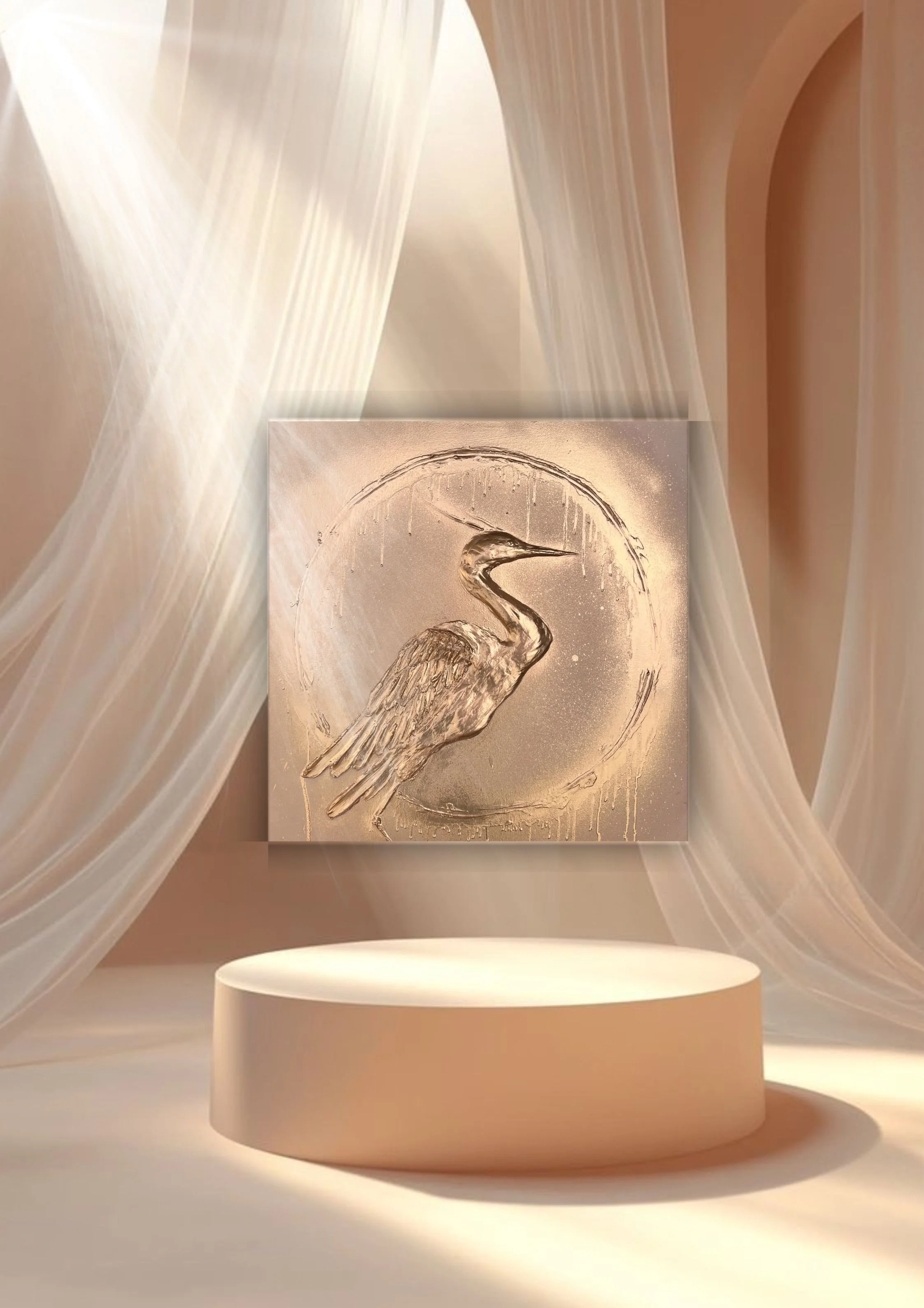 A beige-colored presentation area with a circular platform, a metallic artwork of a heron against a circular background, and sheer curtains in the background.