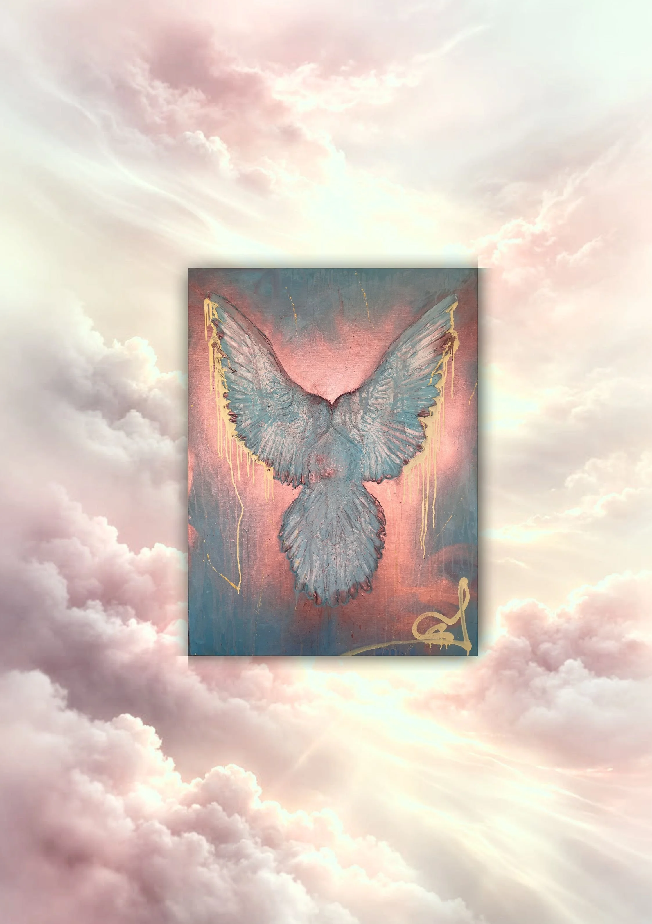 reliéfní Malba holubice v pastelových barvách s roztaženými křídly, obklopeného jemným, mrakovým pozadím, ve stylu fine art. Ideální pro milovníky moderního umění, figurální a abstraktní malby a jemně barevných kompozic. 3D obraz Denisa Blaho