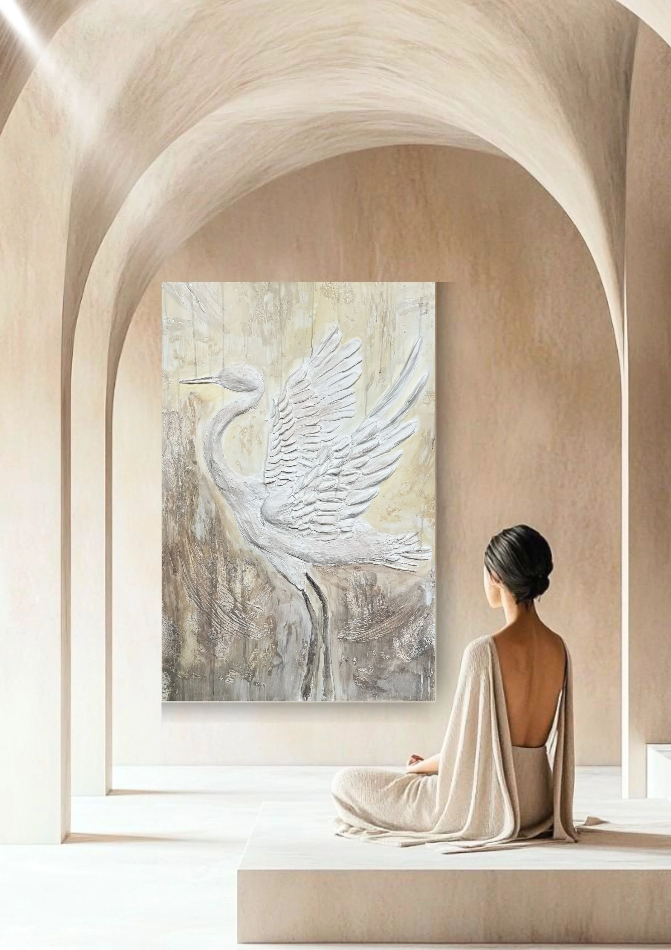 A woman with short dark hair sitting cross-legged on a white platform, facing a large abstract painting of a swan in neutral tones, inside a minimalistic architectural space with arches.