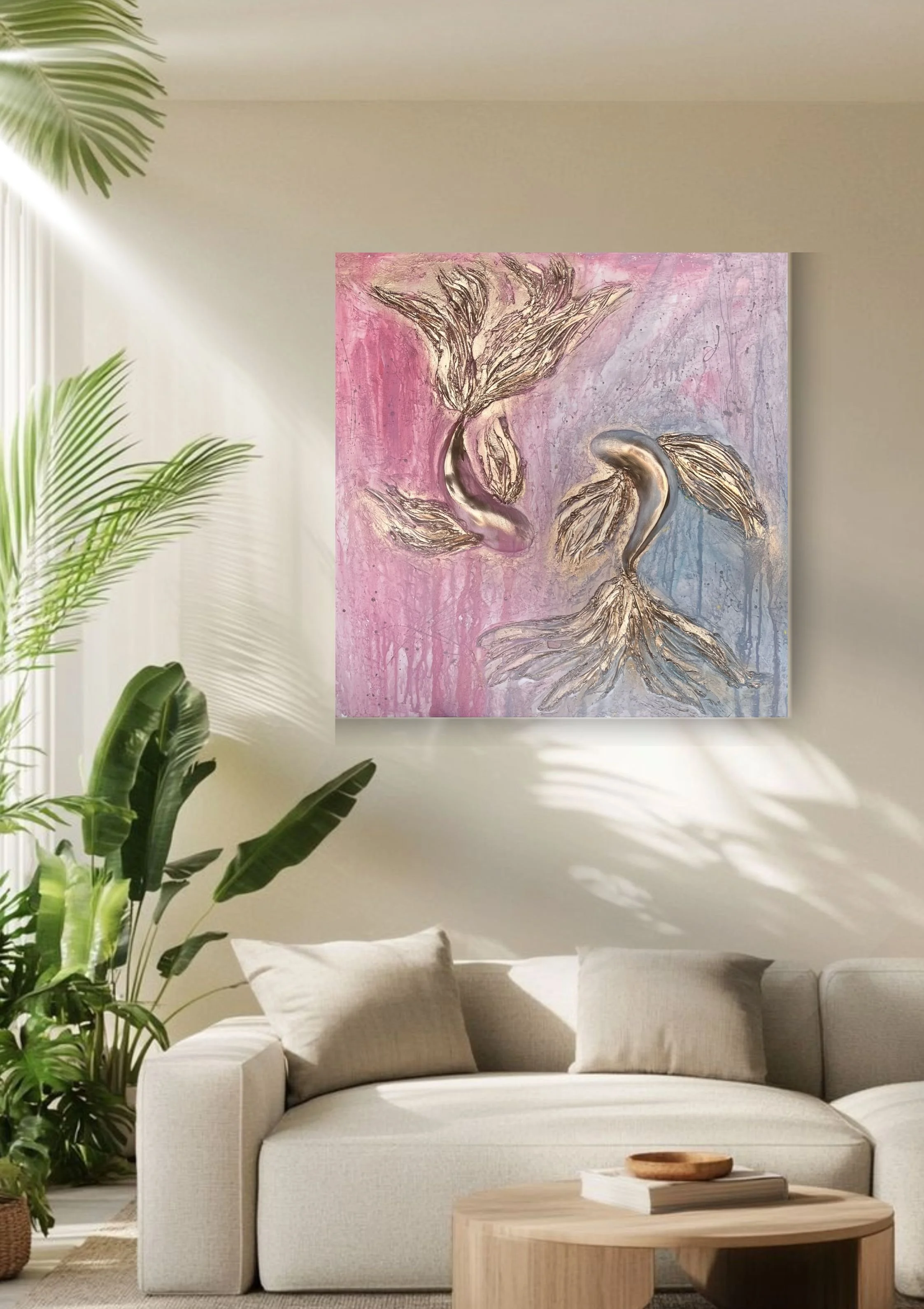 Modern living room with white sofa, wooden coffee table, large green plants, and a colorful abstract painting of two mermaid-like figures on the wall.