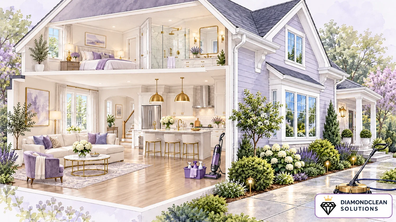Cutaway illustration showing clean home interiors alongside exterior windows, gutters, siding and a concrete walkway.