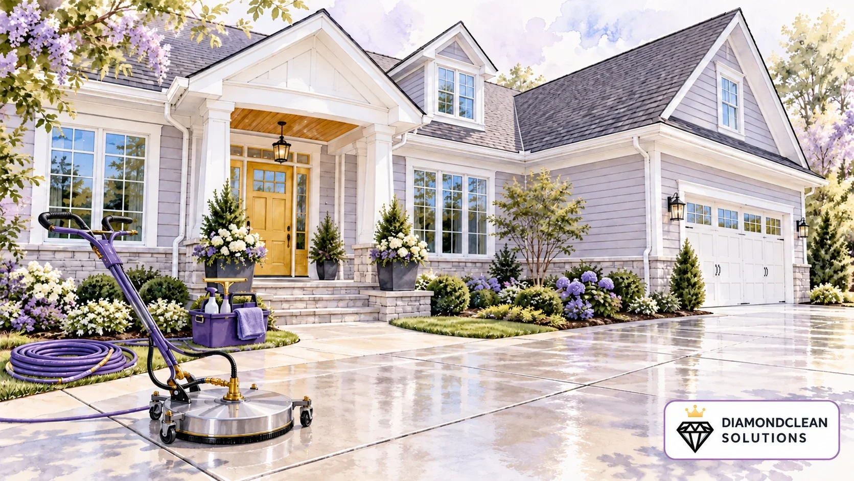 Illustration of a clean home exterior, reflective windows, white gutters and concrete driveway with cleaning tools.