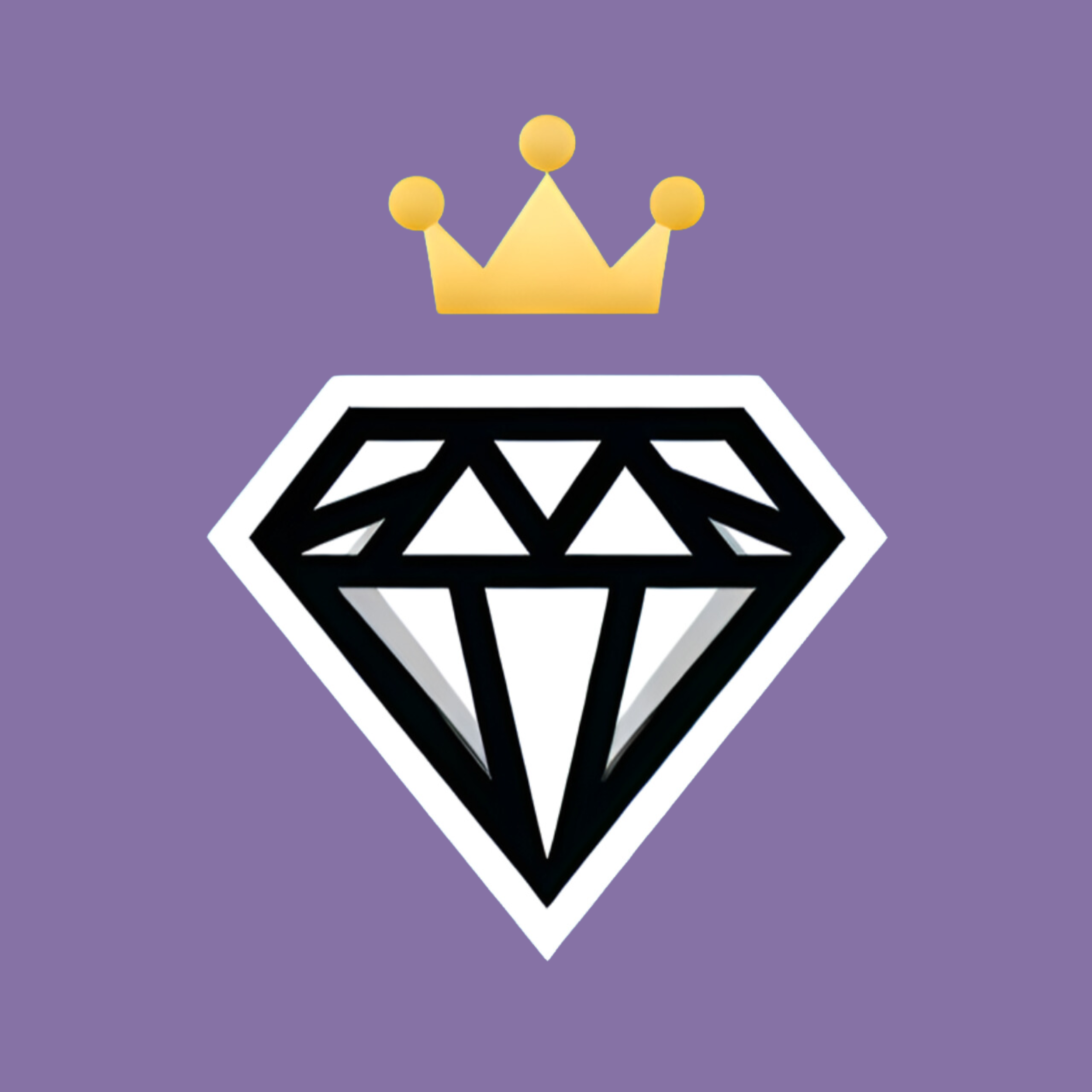 A stylized black and white diamond shape with a crown above it on a purple background.
