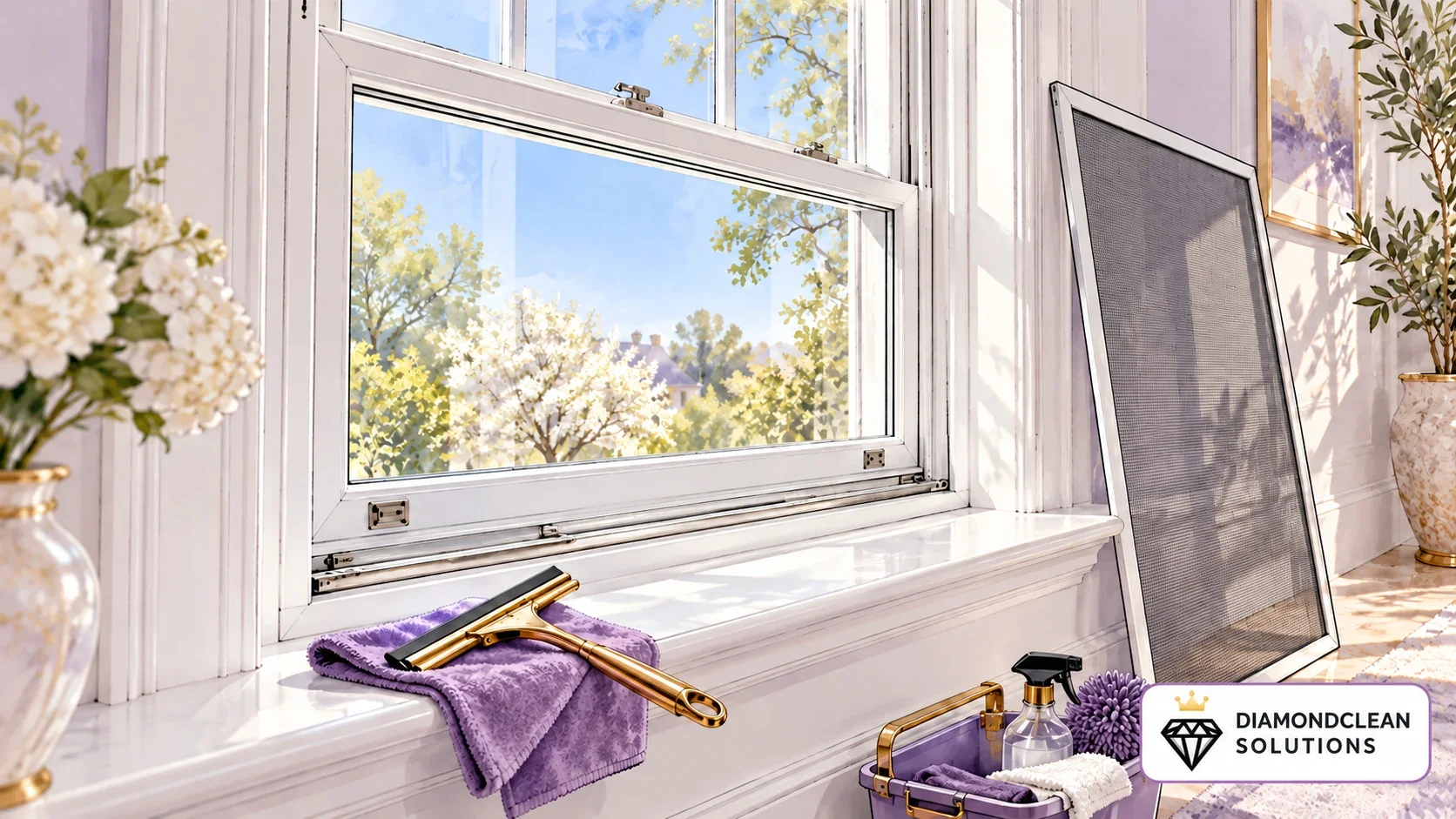 Illustration of a clean window, removable mesh screen, detailed tracks and sill with purple and gold cleaning tools.