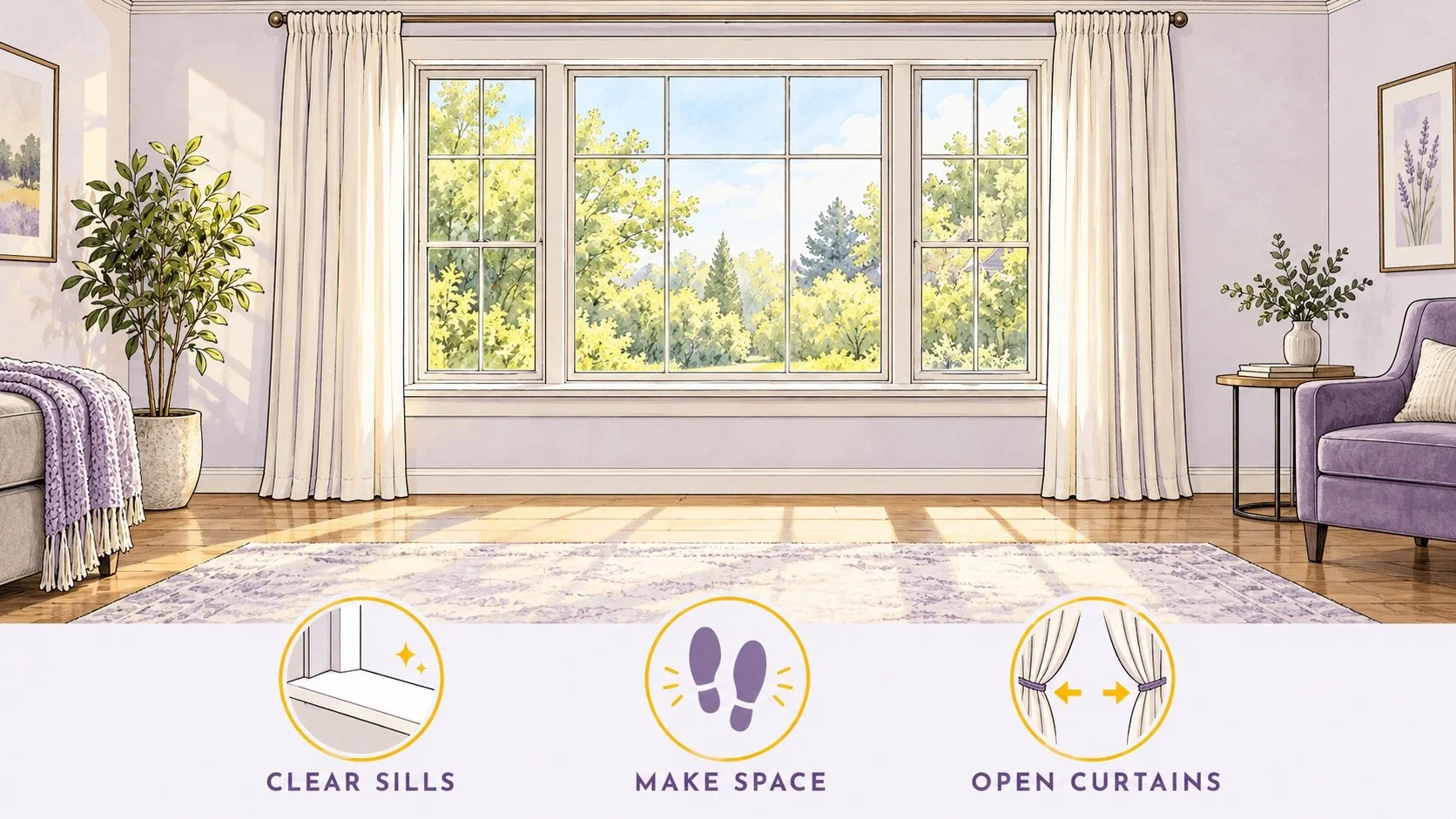 Illustrated living room with a clear window sill, open floor space and curtains pulled aside for window cleaning.