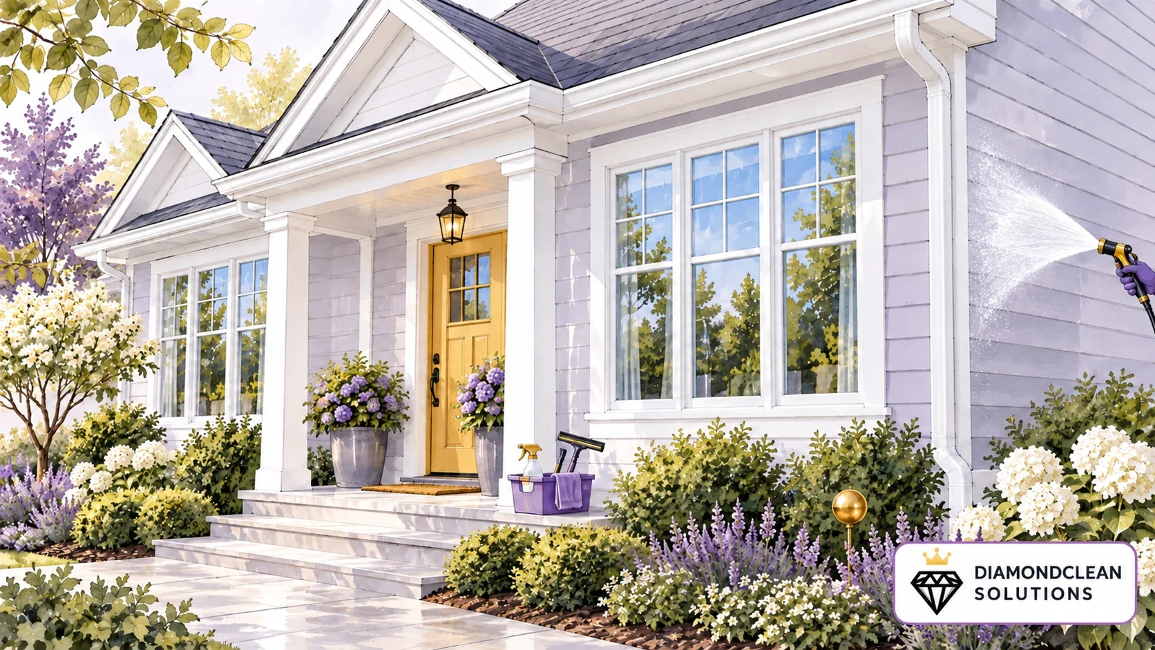 Illustration of a welcoming home with clean windows, white gutters and lavender siding being gently washed.