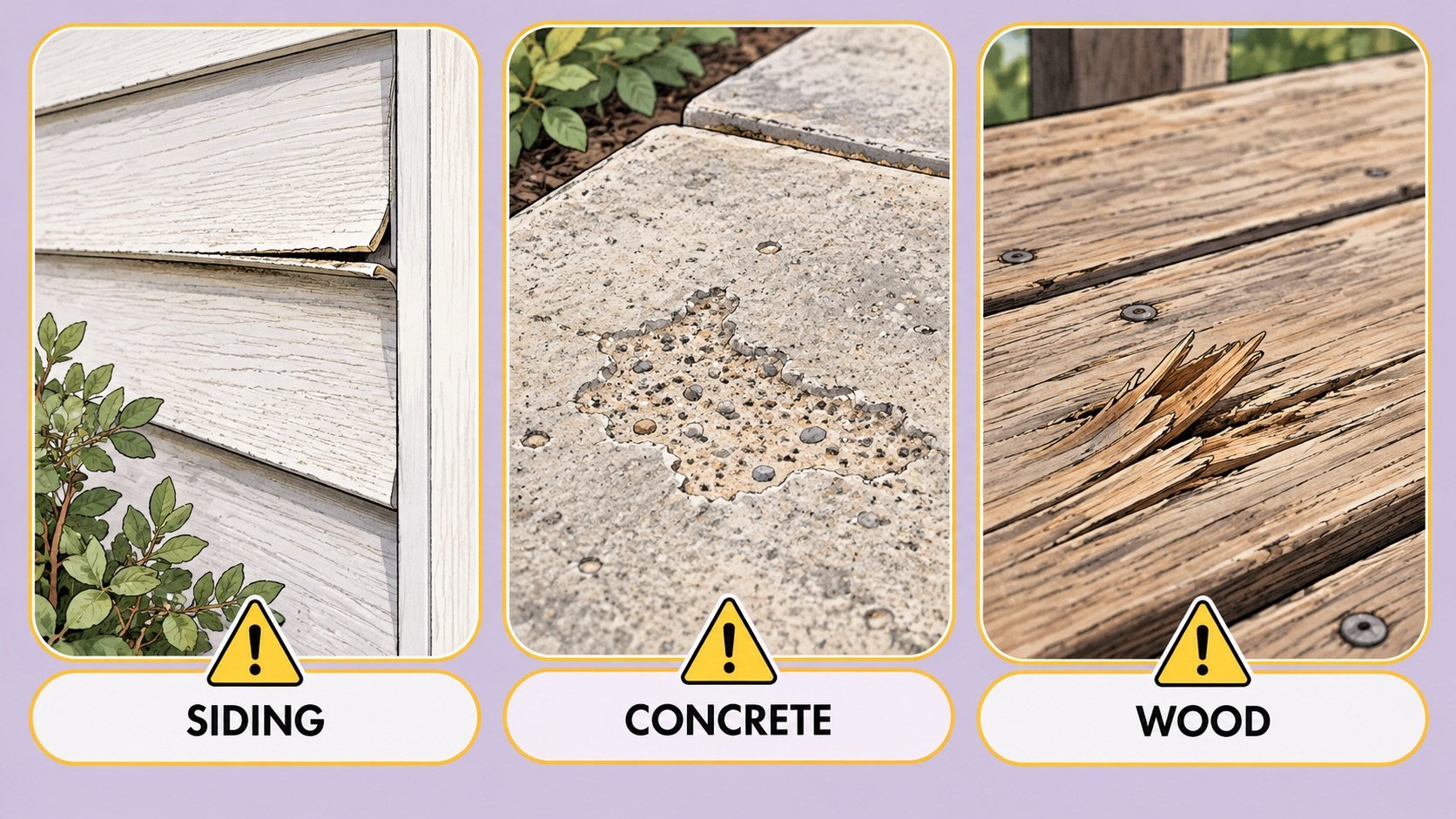 Illustrated warning signs on siding, concrete and wood, shown as three separate surface examples.