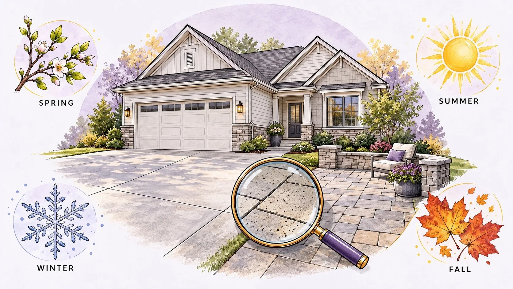 Illustrated Iowa home, driveway and patio surrounded by spring, summer, fall and winter inspection cues.