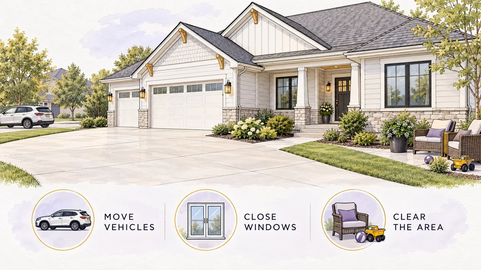 Illustration of a clear driveway and walkway with reminders to move vehicles, close windows and clear the area.