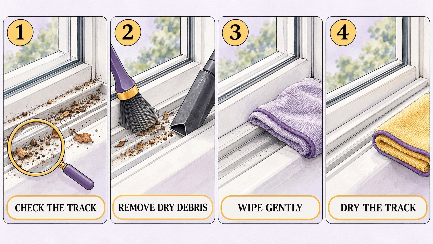 Four illustrated window-track care steps: check the track, remove dry debris, wipe gently and dry the track.