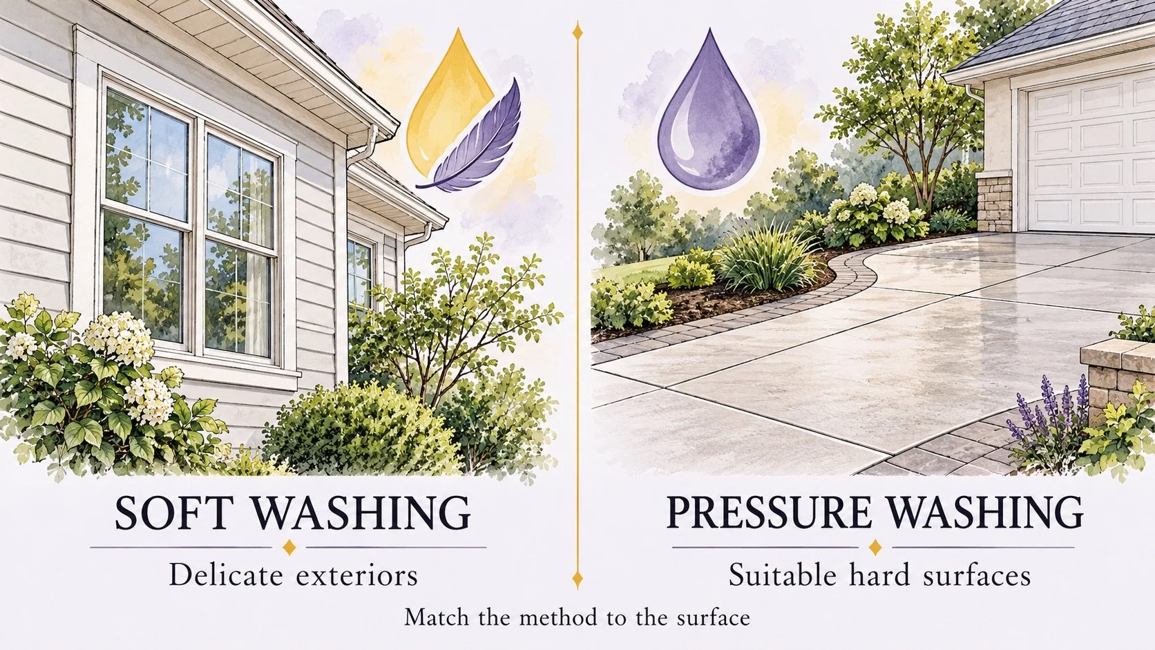 Illustration comparing soft washing for delicate exteriors and pressure washing for suitable hard surfaces.