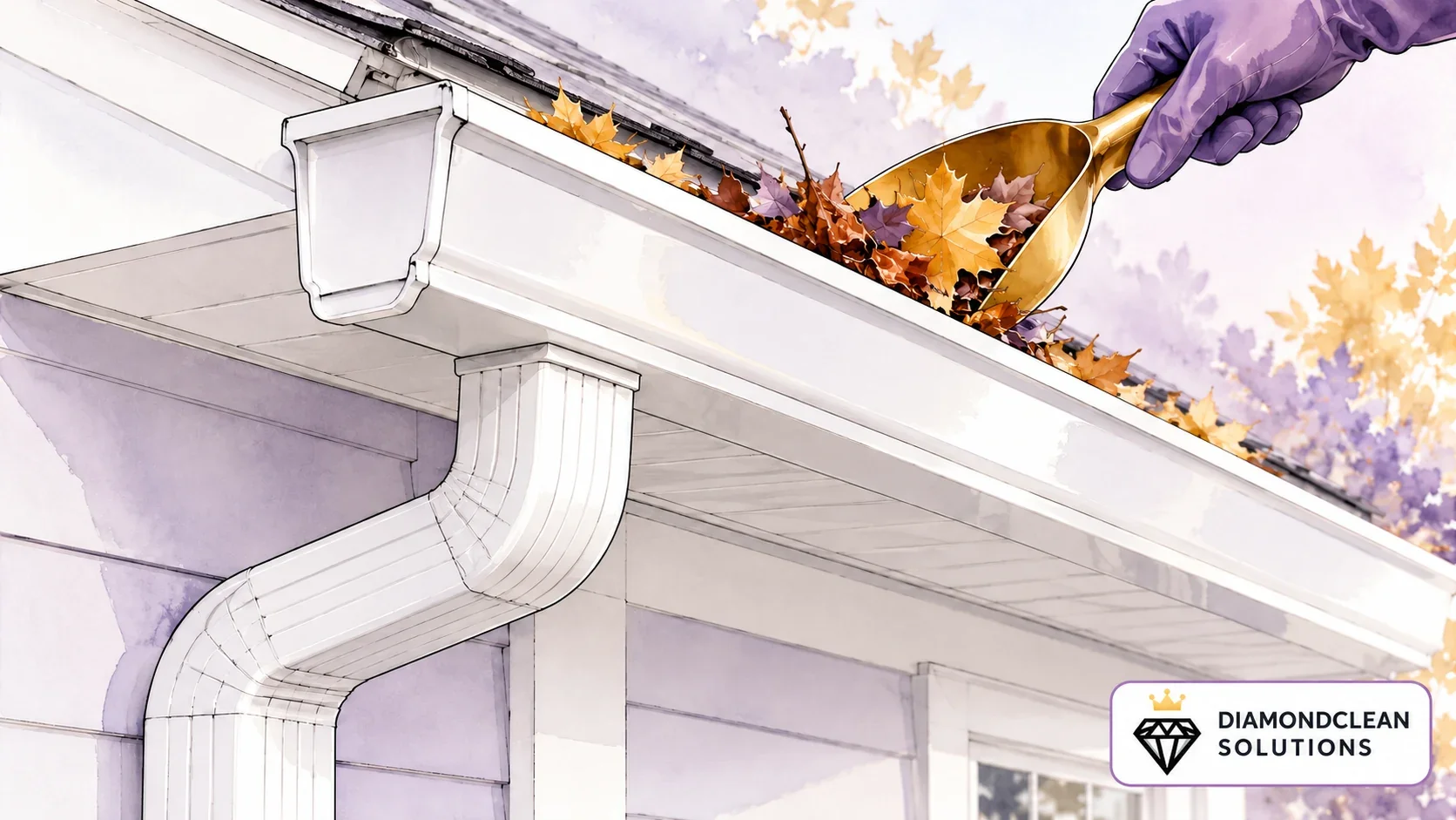 Illustration of leaves being scooped from a white gutter above clean gutter faces, underside and downspout.