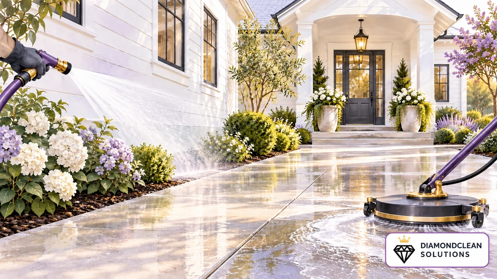 Illustration of a house exterior with a gentle siding rinse and a circular surface cleaner on the concrete walkway.