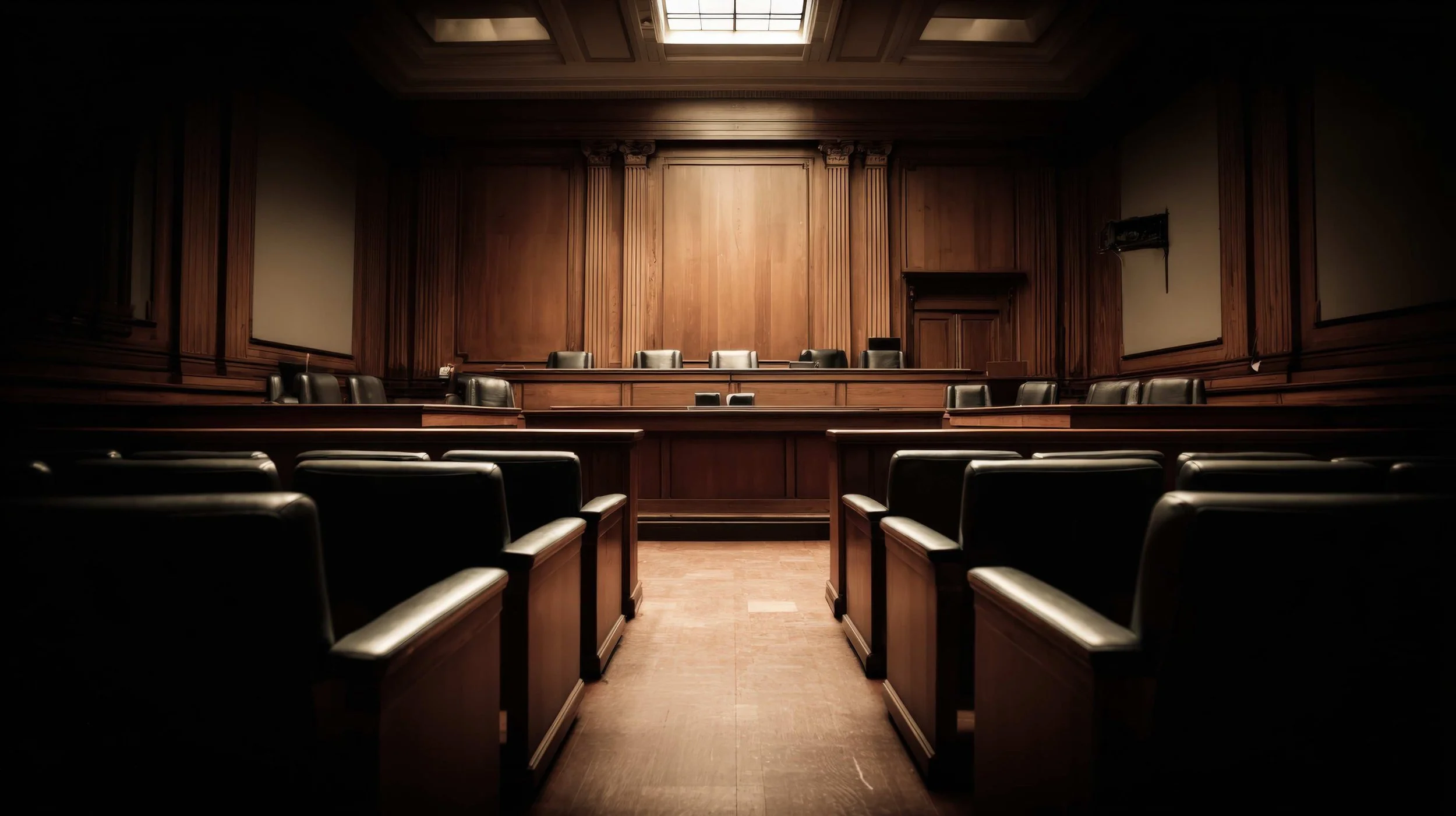 Empty courtroom with wooden panel walls, leather chairs, and a judge's bench at the front.