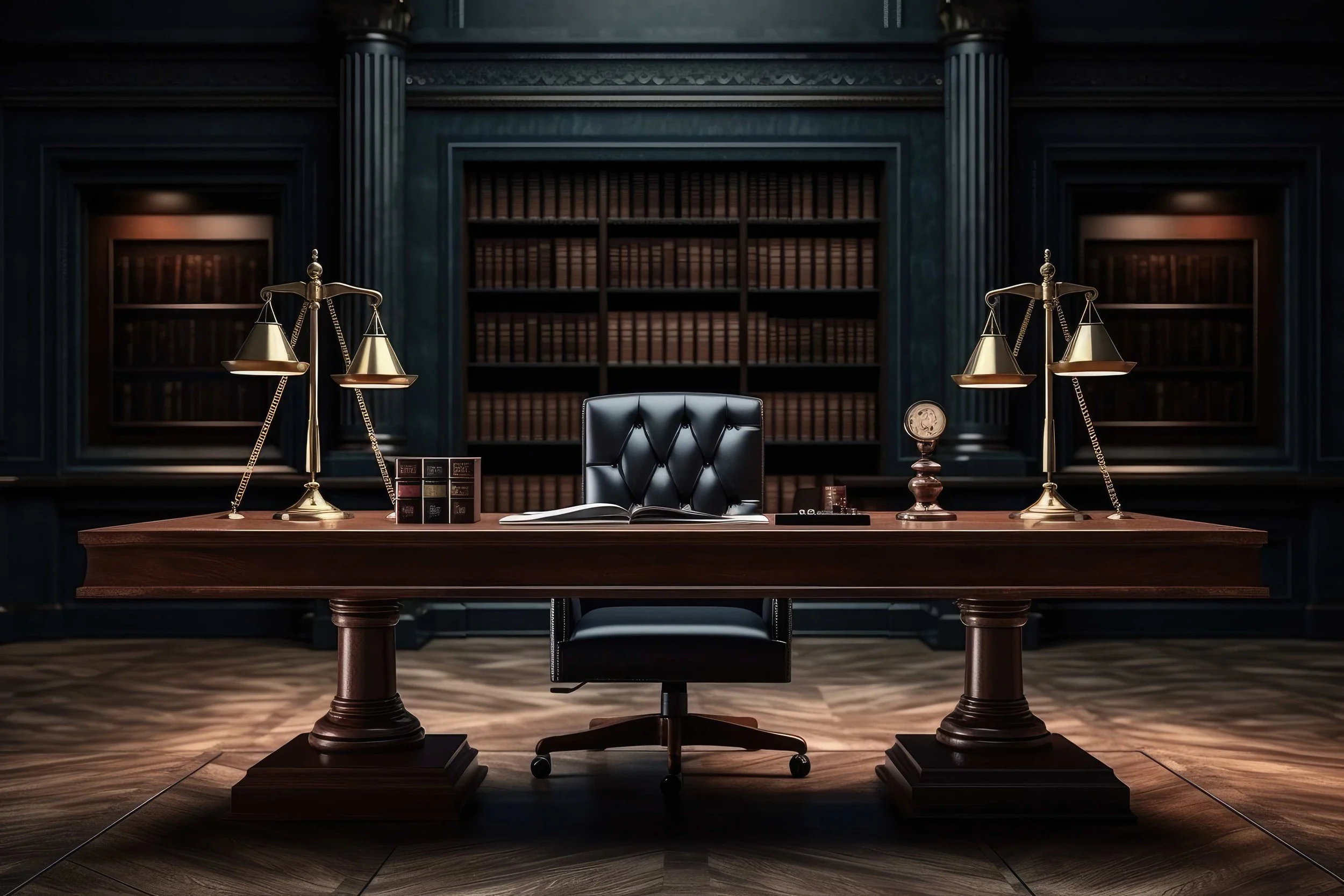 A professional office with a dark wood desk, a black leather chair, bookshelves in the background, and various decorative items including two gold balanced scales, a small clock, and books.