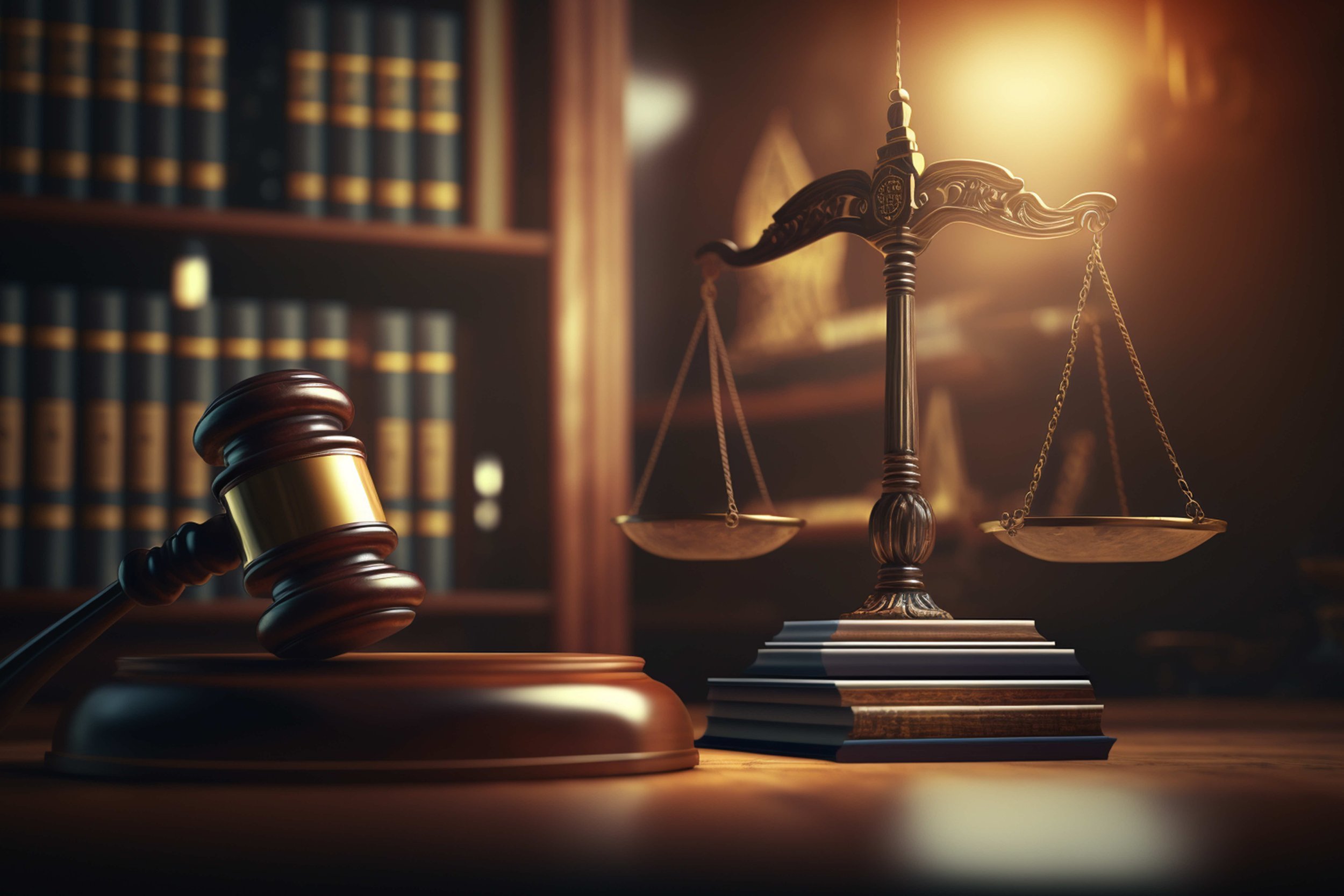 A judge's gavel and a balanced scale of justice on a wooden table in a law office or courtroom setting with blurred bookshelves in the background.