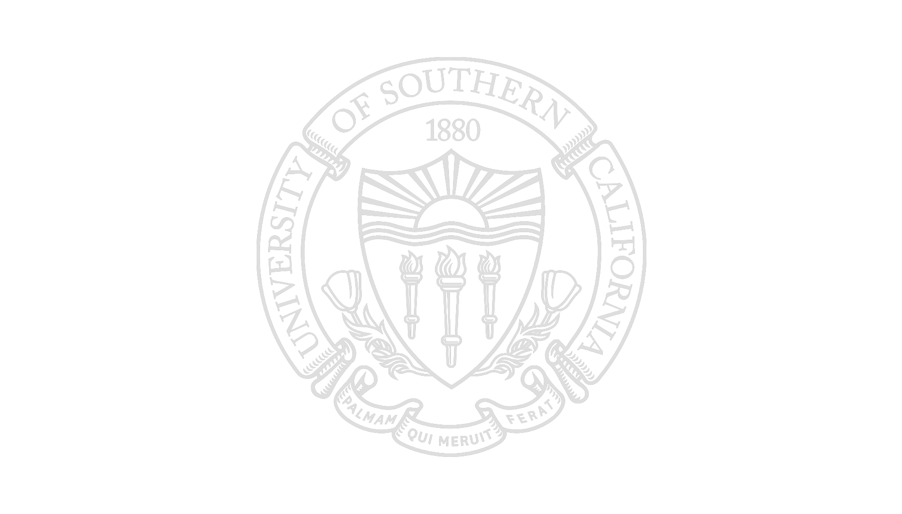 Seal of the University of Southern California featuring a shield with a sunrise, three torches, and a laurel wreath, encircled by the university's name and founding year 1880.