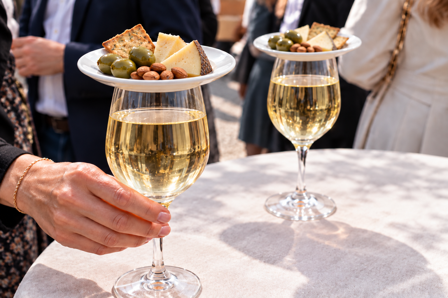 Gekühlter Weißwein in zwei Gläsern mit Porzellantoppern, belegt mit Oliven, Manchego, Mandeln und Crackern.