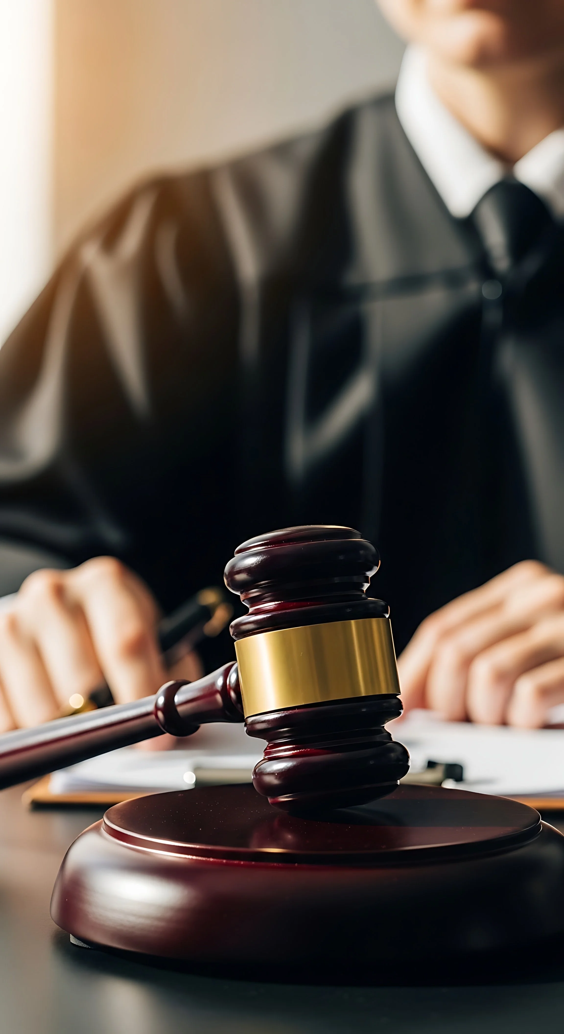 Gavel on a judge's bench with a person in judicial robes in the background.